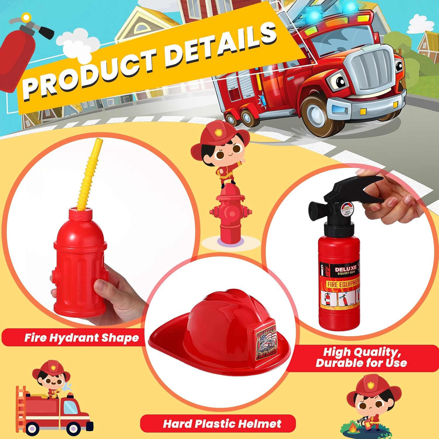 Liliful 36 Pcs Fireman Birthday Party Supplies Including 12 Firefighter Helmet 12 Fire Hydrant Cups with Lids 12 Fire Extinguisher Squirt Toys for Fire Theme Party Supplies