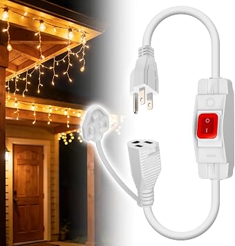 1.5ft Waterproof Short Extension Cord with Switch - 3 x 14AWG, 15A, 125V, 3 Prong Outdoor On Off Switch for Patio Lights Camping, White