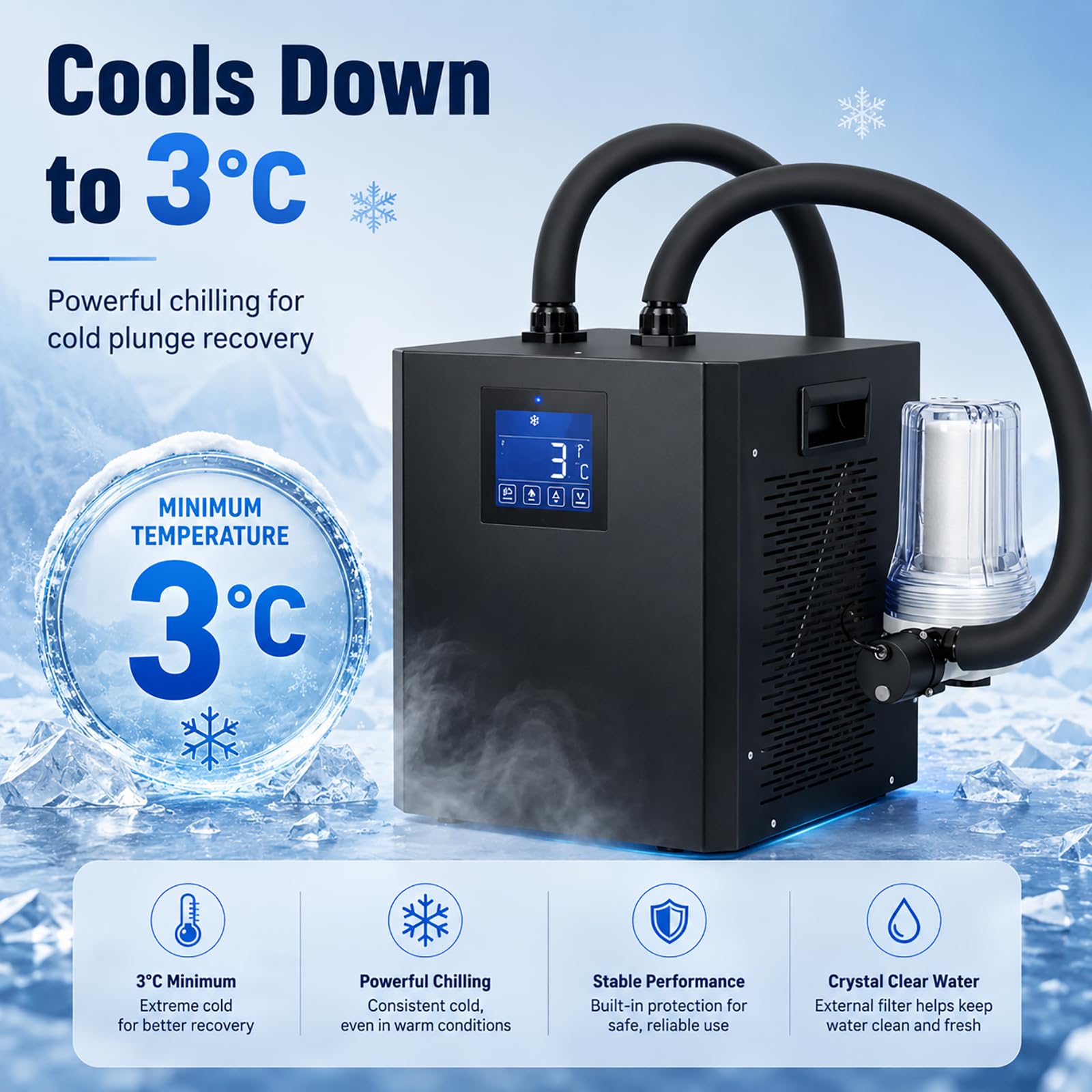 Sistema de enfriamiento de bañera fría, sistema de refrigeración de agua de alta potencia de 1/3 hp con bomba integrada, filtro externo y mangueras aisladas para baños de hielo
