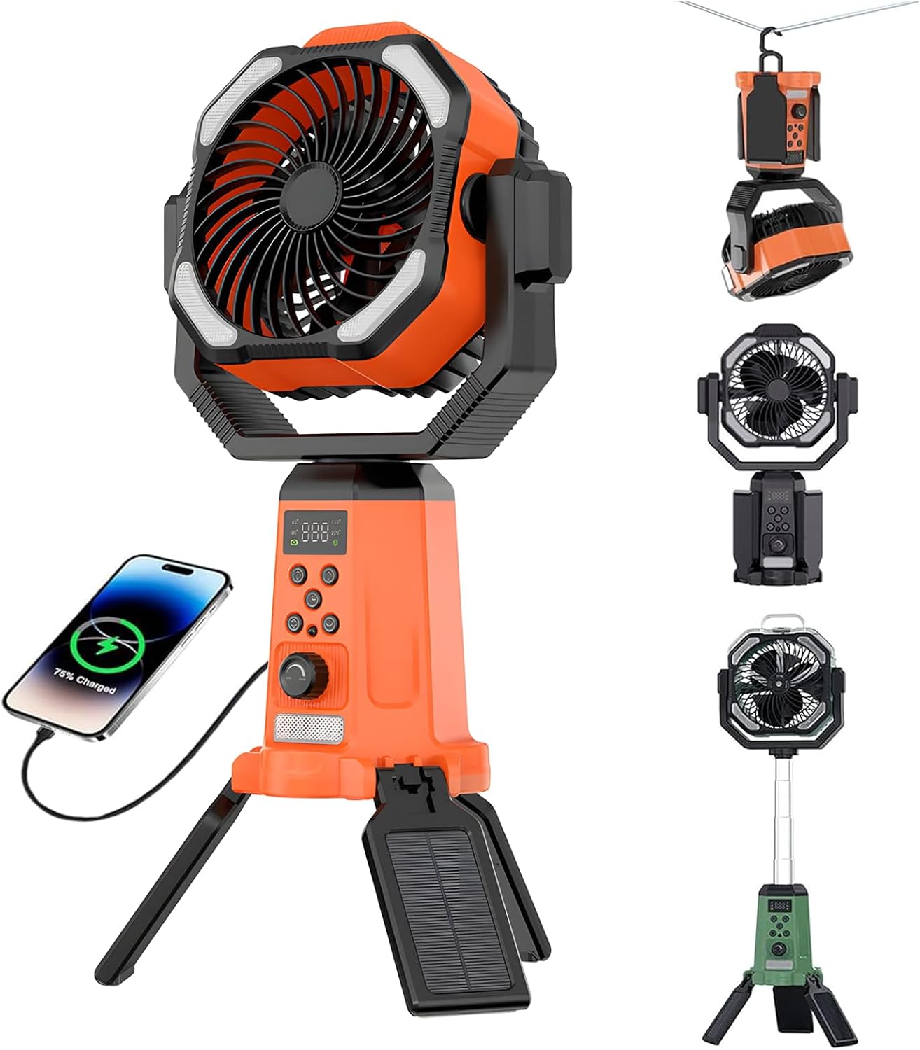 Camping Fan, Auto Oscillating Fan, Rechargeable Portable, 20000mAh Battery Operated with LED Light, Hanging Hook, Tripod Stand, for Tent Camping, RV, Outdoor, Power Outages (Orange)