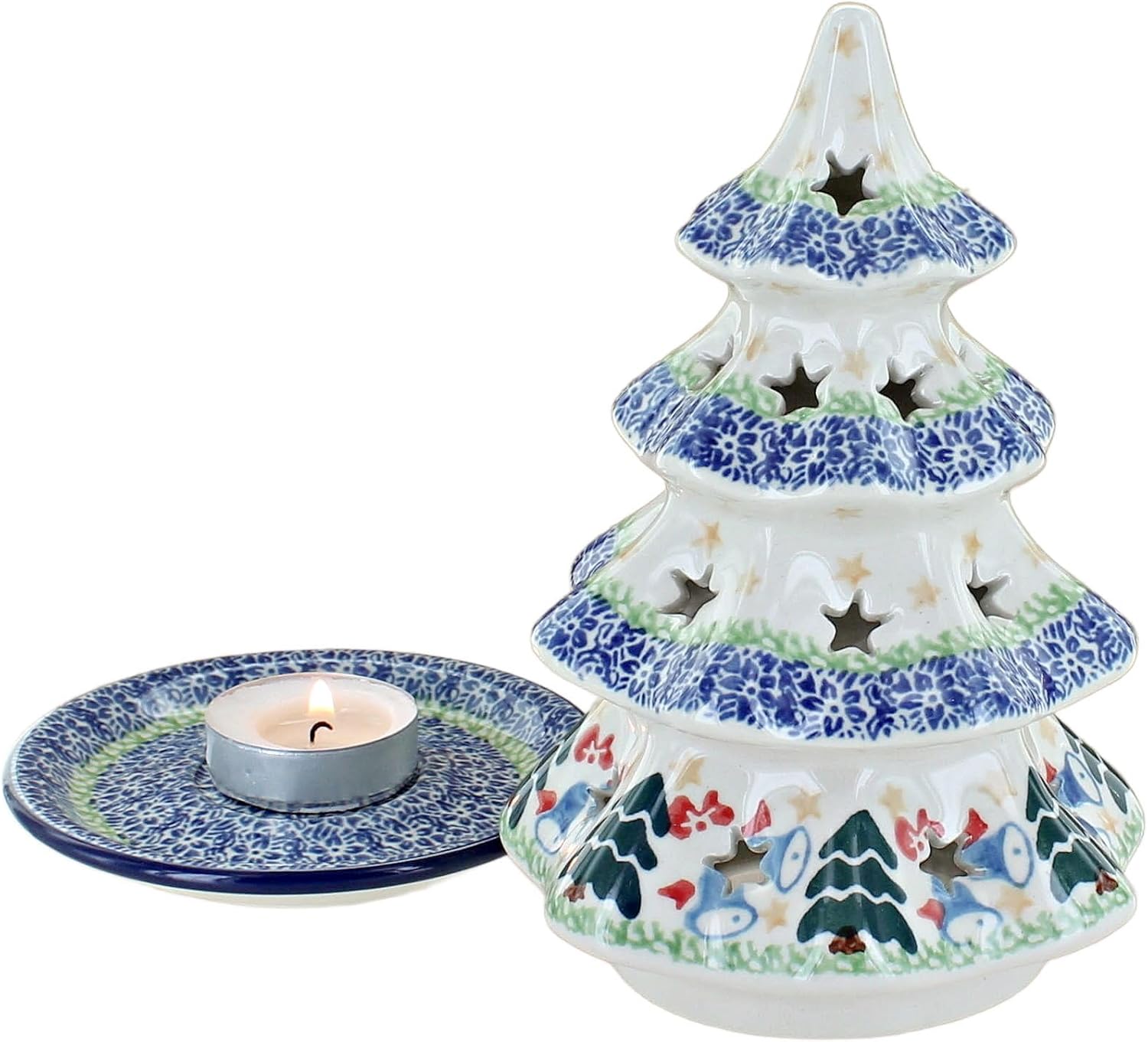 Blue Rose Polish Pottery - Blue Winter Bells Medium Christmas Tree Luminary - 7" Tall - Hand-Painted Polish Pottery Holiday Candle Holder, Unique Christmas Gift & Festive Décor