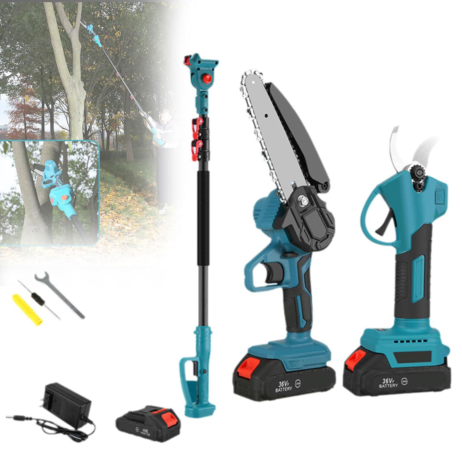Scie à perche sans fil 3 en 1 avec tronçonneuse sans balais, sécateur, tige télescopique, batterie et chargeur inclus pour tailler et élaguer les arbres de jardin