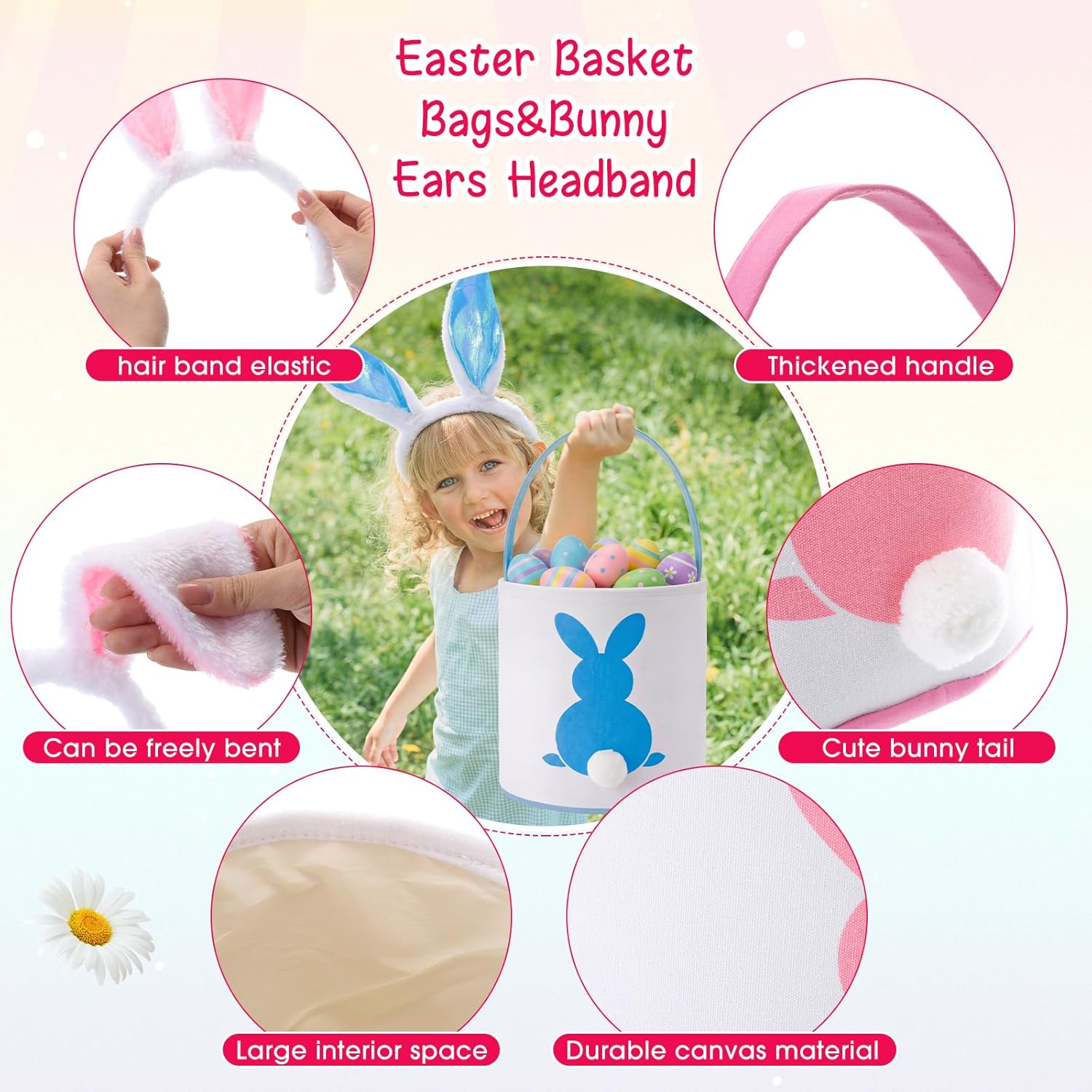 Weewooday 16 Pcs Easter Bunny Basket Bags Headbands Set 8 Rabbit Canvas Baskets with Handle 8 Cute Plush Bunny Ears Headbands for Costume Cosplay Easter Party Supplies