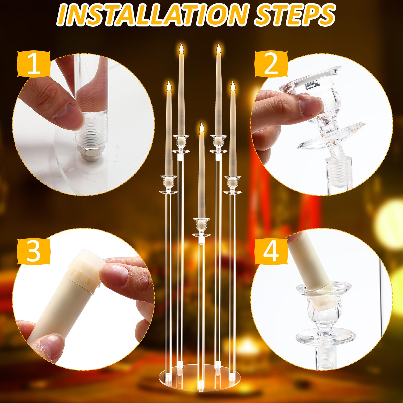 Barydat Juego de 4 candelabros acrílicos de 5 brazos para bodas, candelabros transparentes con 20 velas LED, 2 temporizadores remotos, 22 anillos de goma para Halloween, Navidad, fiesta, cena,
