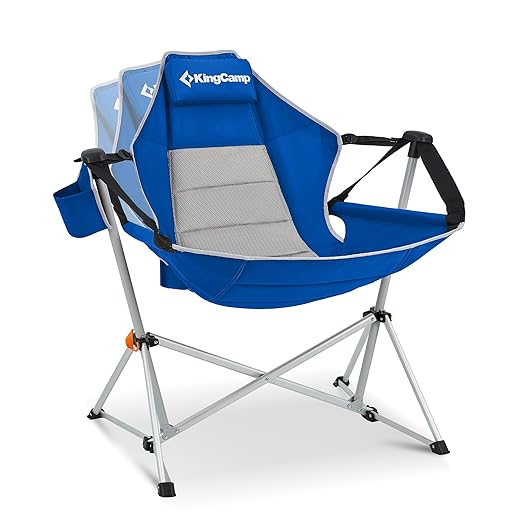 KingCamp Hammock Camping Chair, Aluminum Alloy Adjustable Back Swinging Folding Rocking Chair with Pillow & Cup Holder for Outdoor, Travel, Sport, Games, Lawn, Concerts, and Backyard (Blue)
