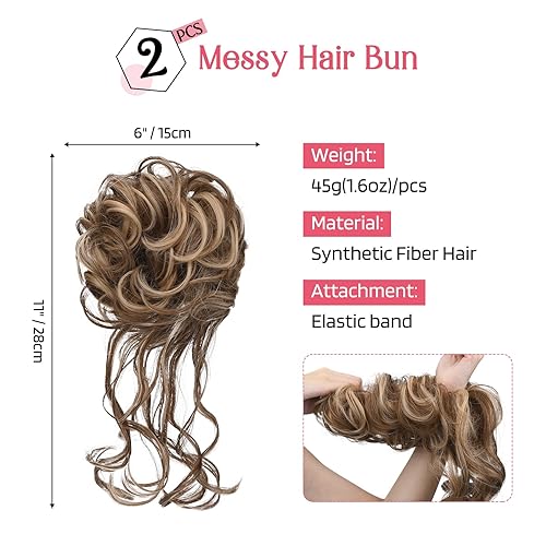 Miniatura 4 de HOOJIH 2 piezas de cabello desordenado con moño, recogido con zarcillos de cabello, extensiones de cabello ondulado, rizado, cola de caballo para