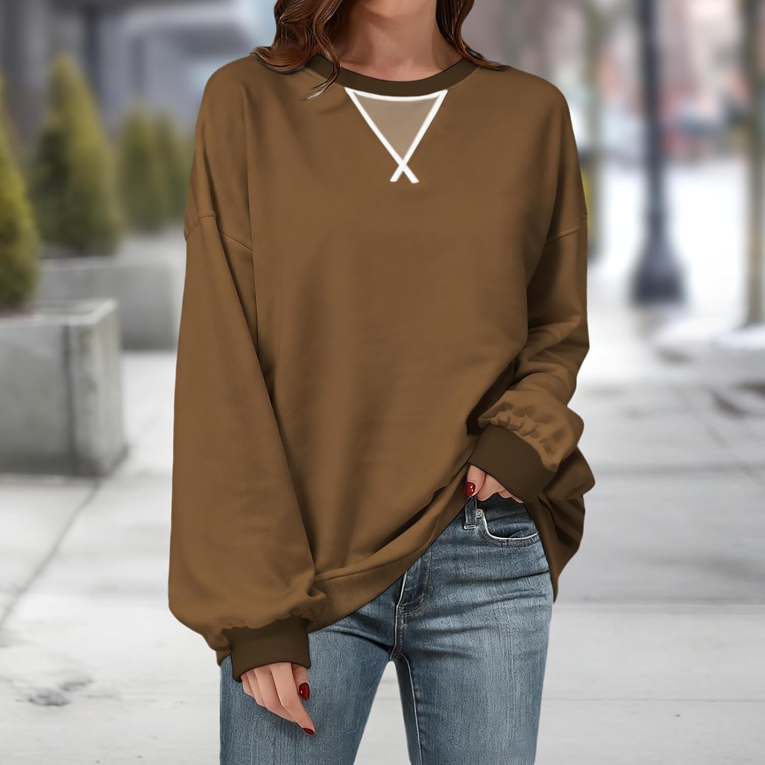 Fashion Sweatshirts for Women Color Block Long Sleeve Crewneck Pullover Shirts Plus Size Comfy Y2k Fall Tops - Image 2