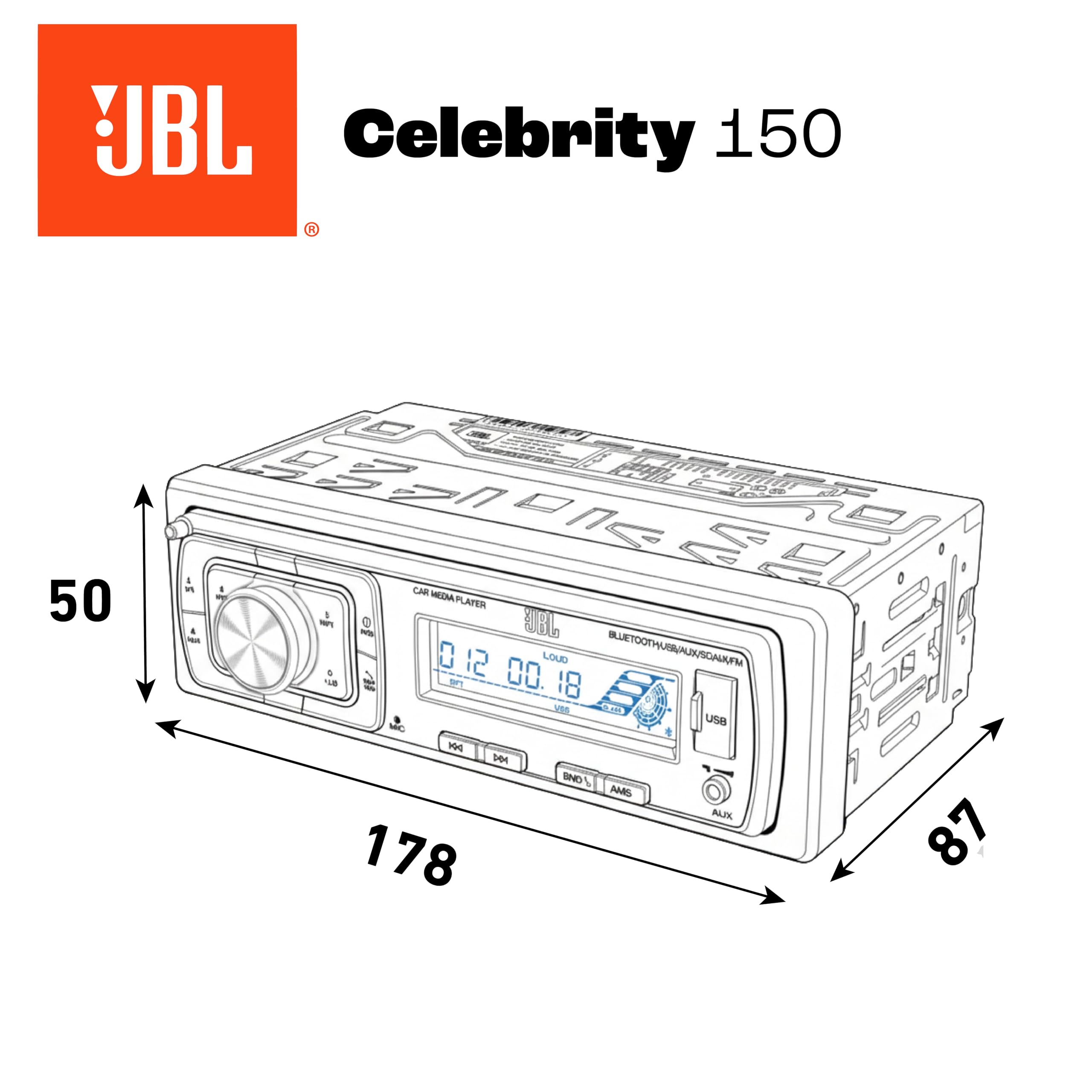 JBL Celebrity 150 Radio Coche Bluetooth por Harman Kardon Am/FM Auto Radio | 1 DIN Universal con Pantalla Desmontable y función de Manos Libres Coche Bluetooth, 4x50W, USB, SD, AUX y 2 Salidas RCA