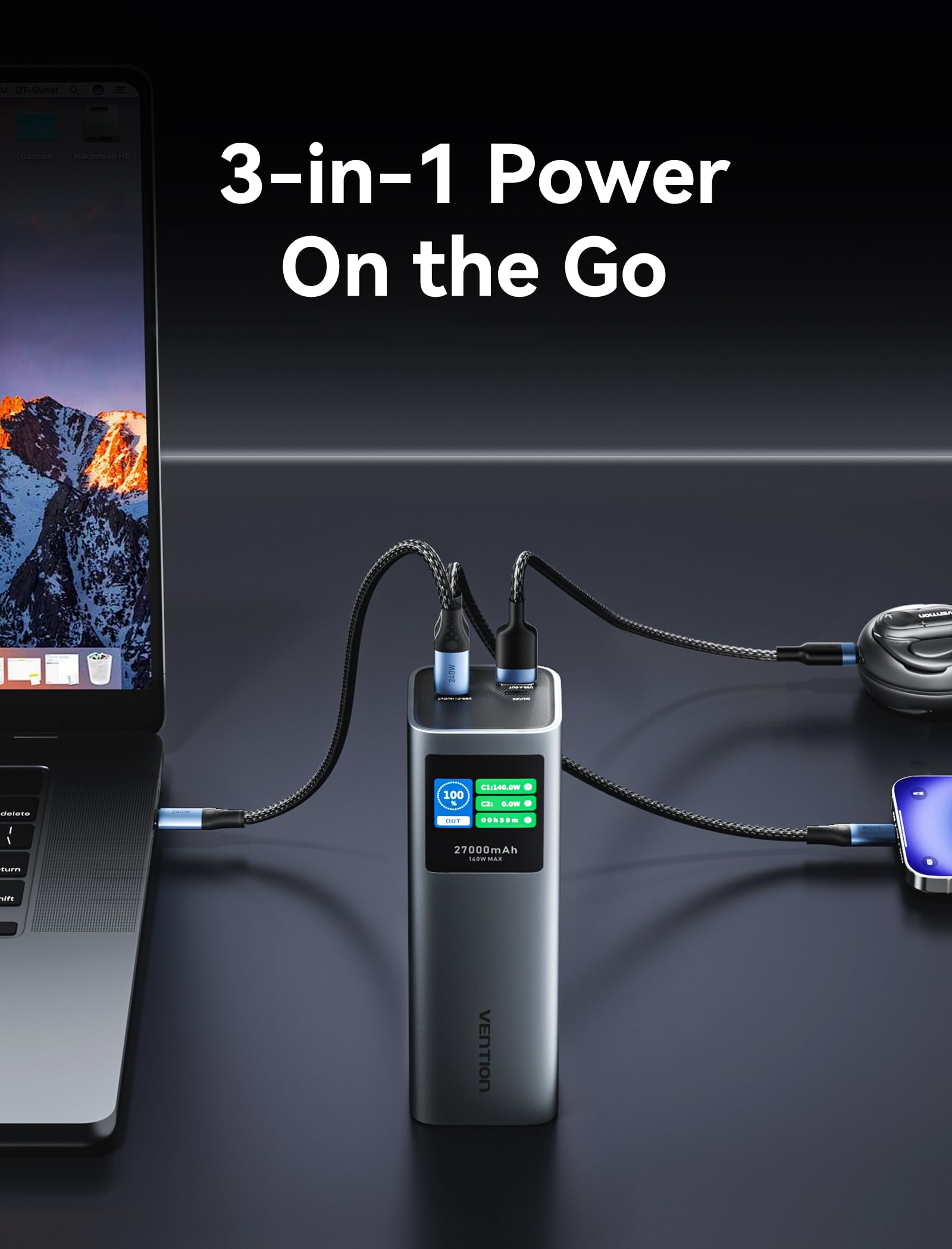 VENTION 27000 mAh 140W Power Bank Schnellladung Tragbarer 3-Fach Ladegerät mit Smart Digital Display, PD3.1 Kompatibel mit Dell, HP Laptops, MacBook Pro, iPhone 15/14/13, iPad Pro, Galaxy S24