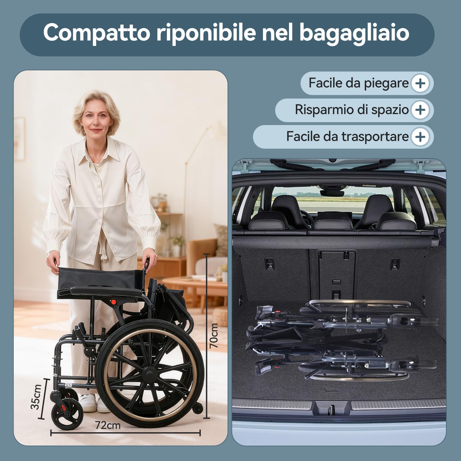 M4 Sedia a rotelle pieghevole autopropulsata per adulti(11KG), seduta ampia 46cm, con poggiapiedi rimovibili, ruote antiribaltamento e doppio sistema frenante, robusta e resistente, portata 100KG-Nero