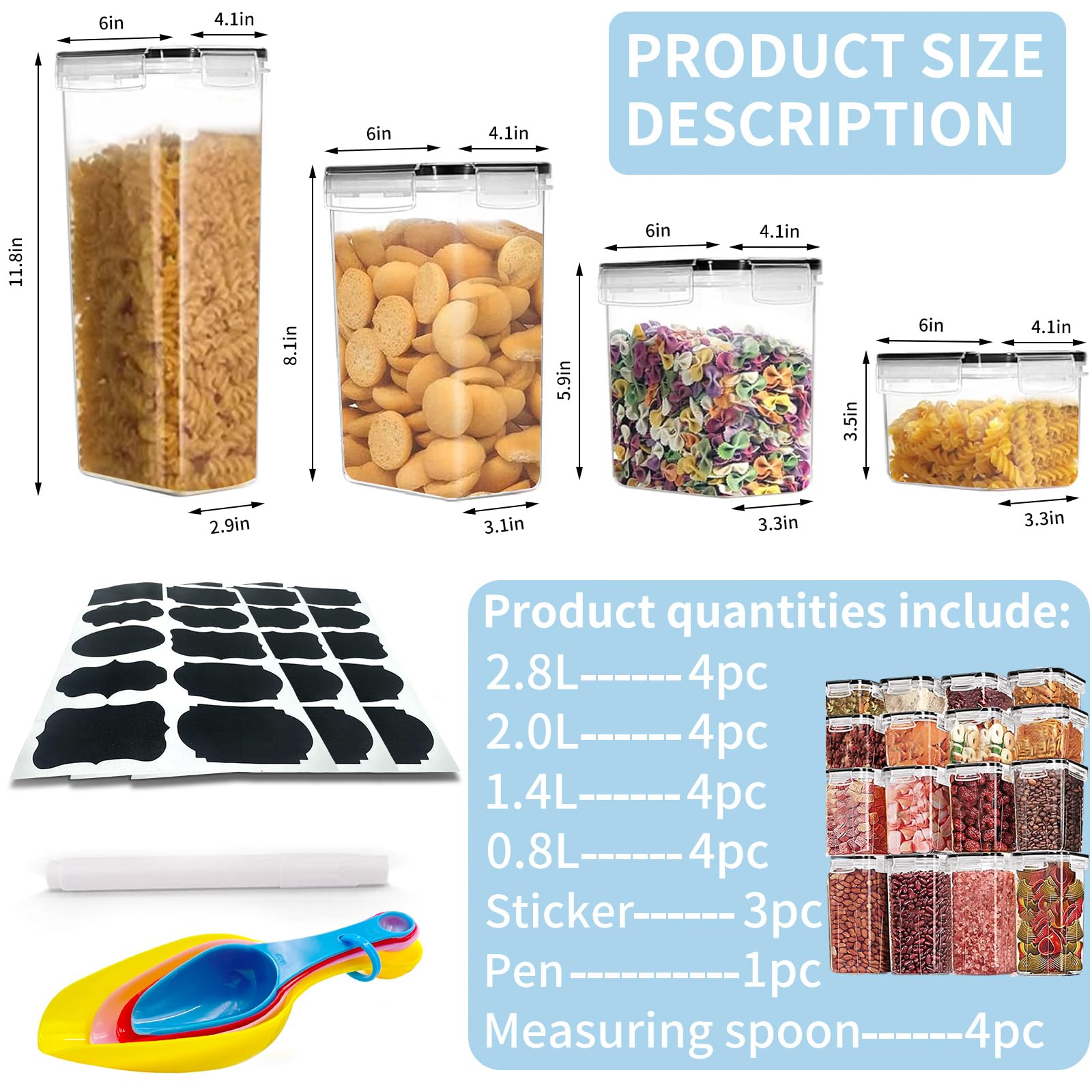 Set 16 Contenitori Alimentari Ermetici - Per Cereali, Farina E Pasta, Senza BPA, Con Etichette