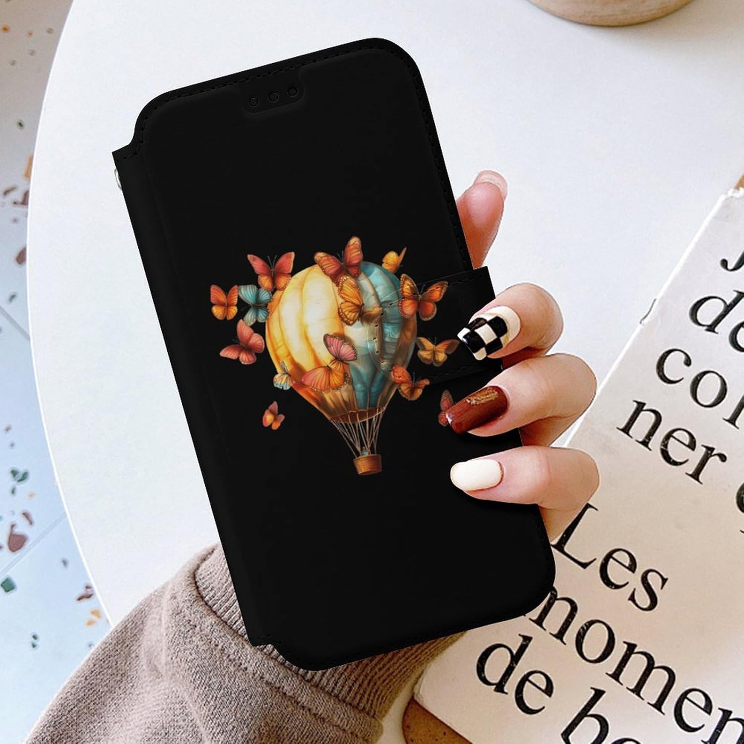 Butterfly Hot Air Balloon Compatible with iPhone 16/16 Plus/16 Pro/16 Pro Max/16 E Case Phone Wallet Card Holder Flip Cover with Wrist Strap