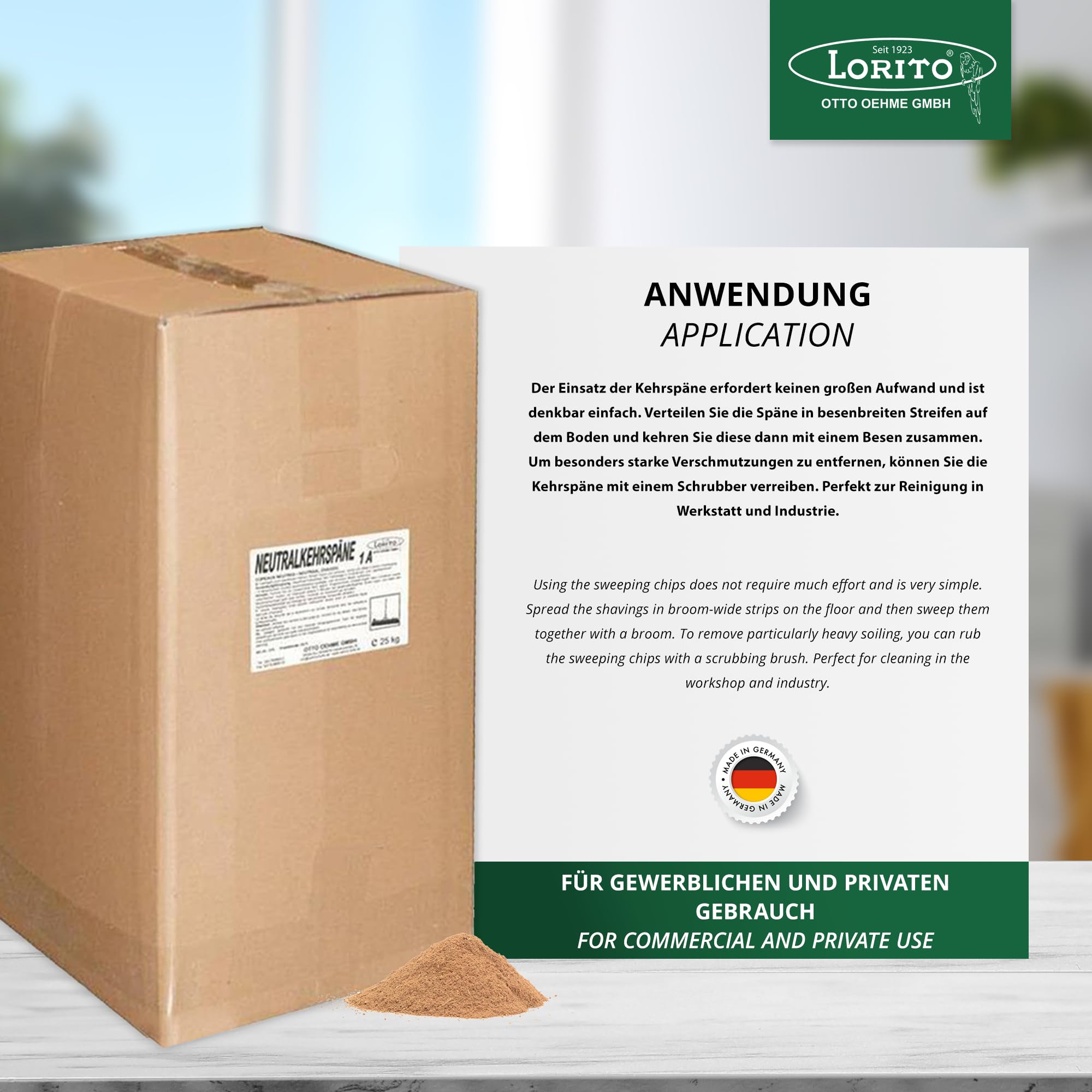 Lorito Neutralkehrspäne 25 kg, Kehrspäne staubbindend, Kehrmehl zur Bodenreinigung, Werkstatt und Industrie, Benzin, Fett und Öl binden