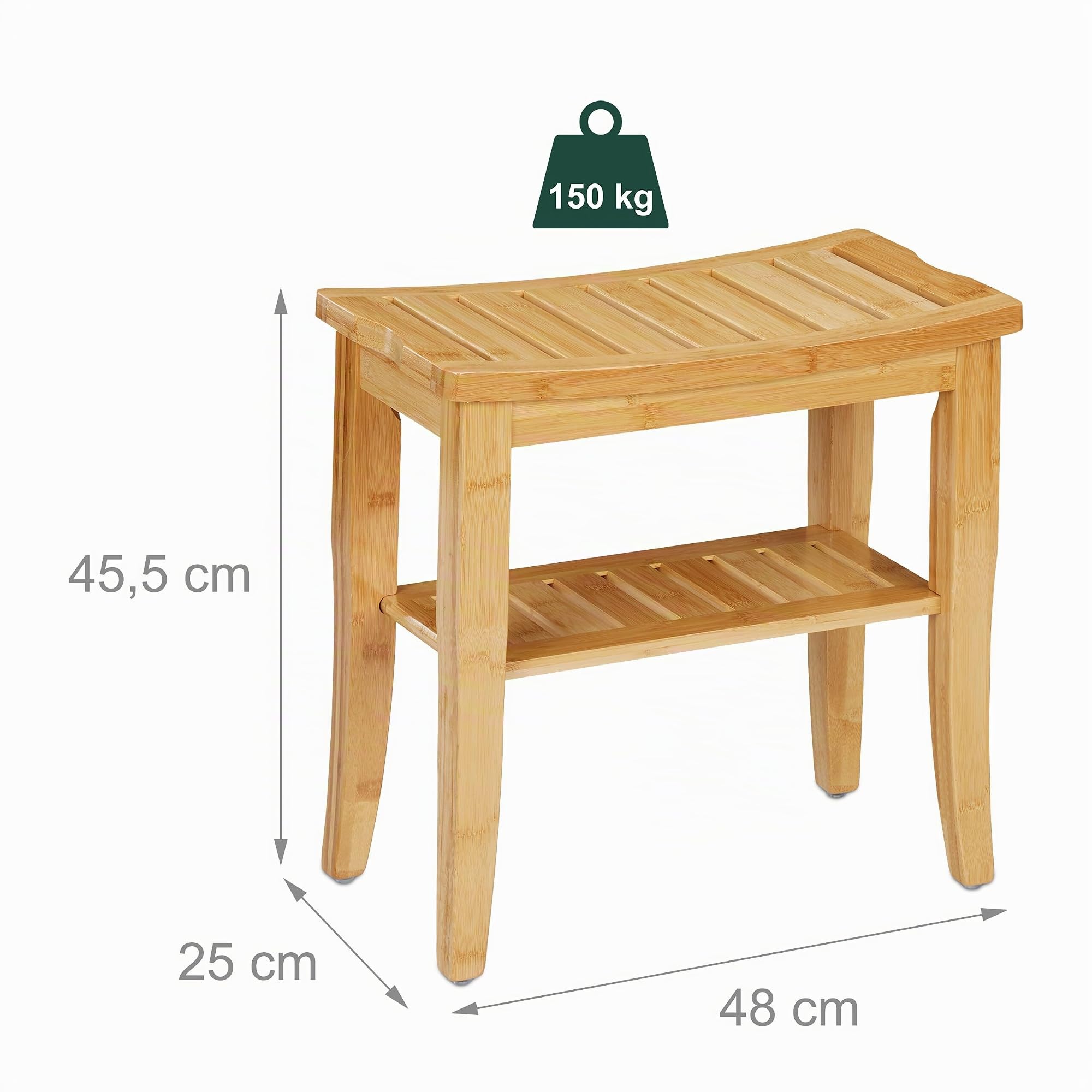 Relaxdays Banco de Baño Bambú, Taburete con Balda, 45,5x48x25 cm, Antideslizante, 150 kg máx., Soporte Macetas, Natural