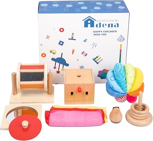 Miniatura 1 de Montessori Toys Kit de juego para bebés de 3 a 9 meses incluye rompecabezas de espejo, tambor giratorio, bola de tela, Roly-Poly, discos de madera