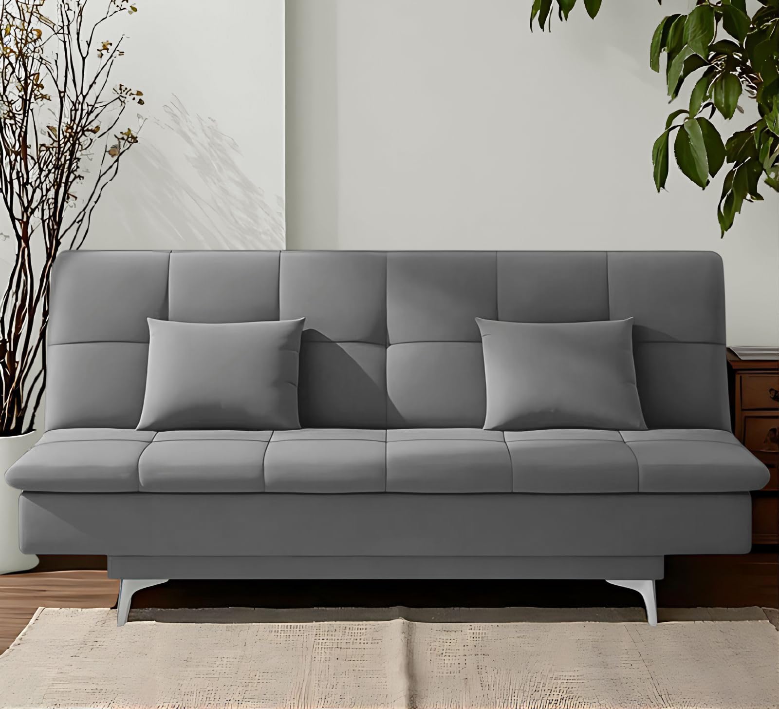 Adorn India Premium New Aspen 3 Seater Sofa Cum Bed 4X6 Velvet Suede with 2 Cushions (Color Grey) and Suitable for All Indoor, with 3 Years Warranty