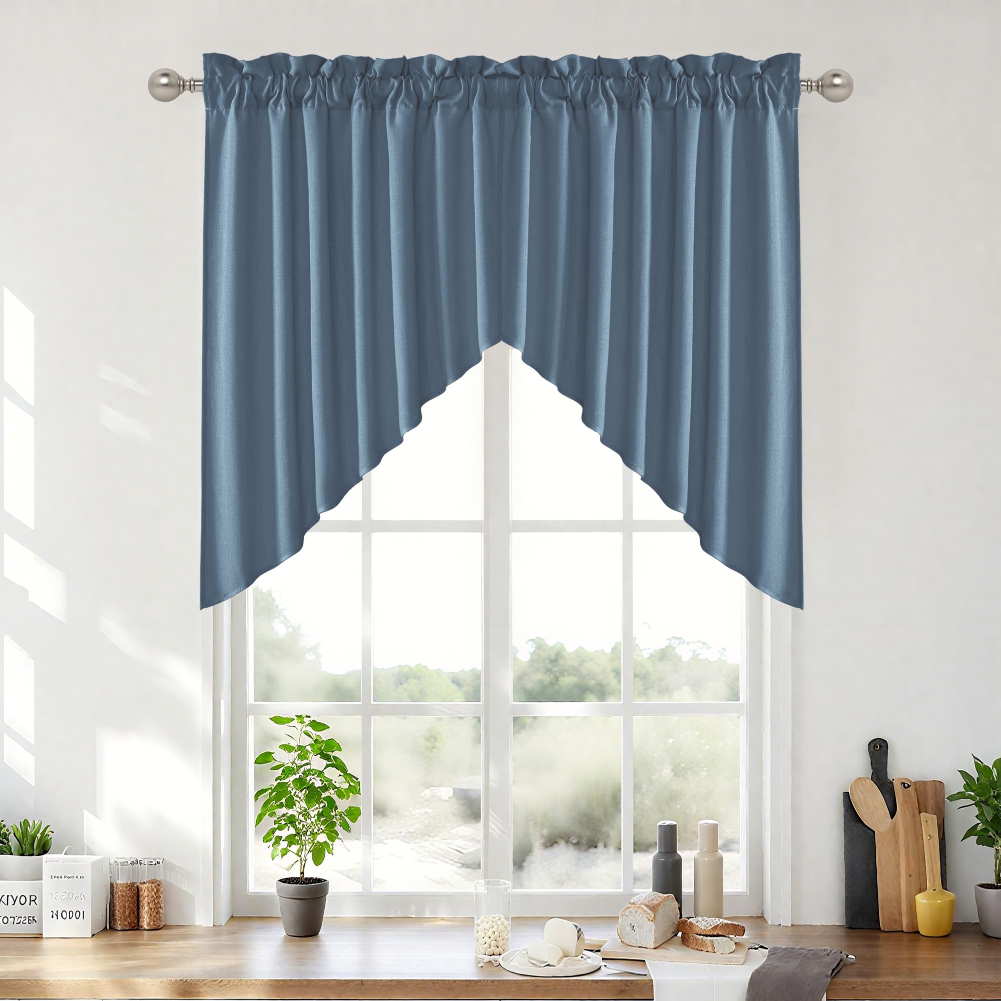 RYB HOME Short Kitchen Valances Faux Linen Blended Light Filtering Privacy Protect Small Window Treatment for Living Room Bathroom, Rod Pocket, Stone Blue, 2 Panels, W 36 x L 36 inch
