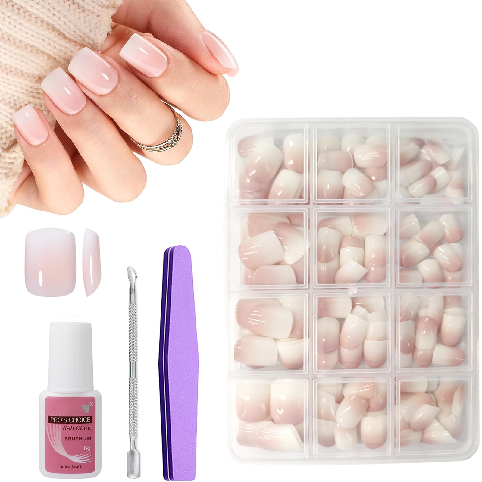 240Pcs False Nails Kit, 240Pcs Natural Gradient Nude Pink Fake Nails, Acrylic Square Fake Nails Pink Tips