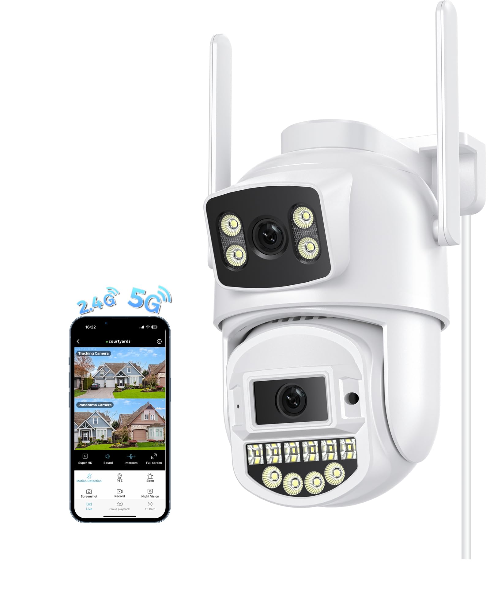Reobiux Camara Vigilancia WiFi Exterior Doble Lente 2.5K, Camara de Seguridad Exterior con 2.4/5GHz WiFi, Visión Nocturna Color 30m, Audio Bidireccional, Detección Humana Automática, IP66