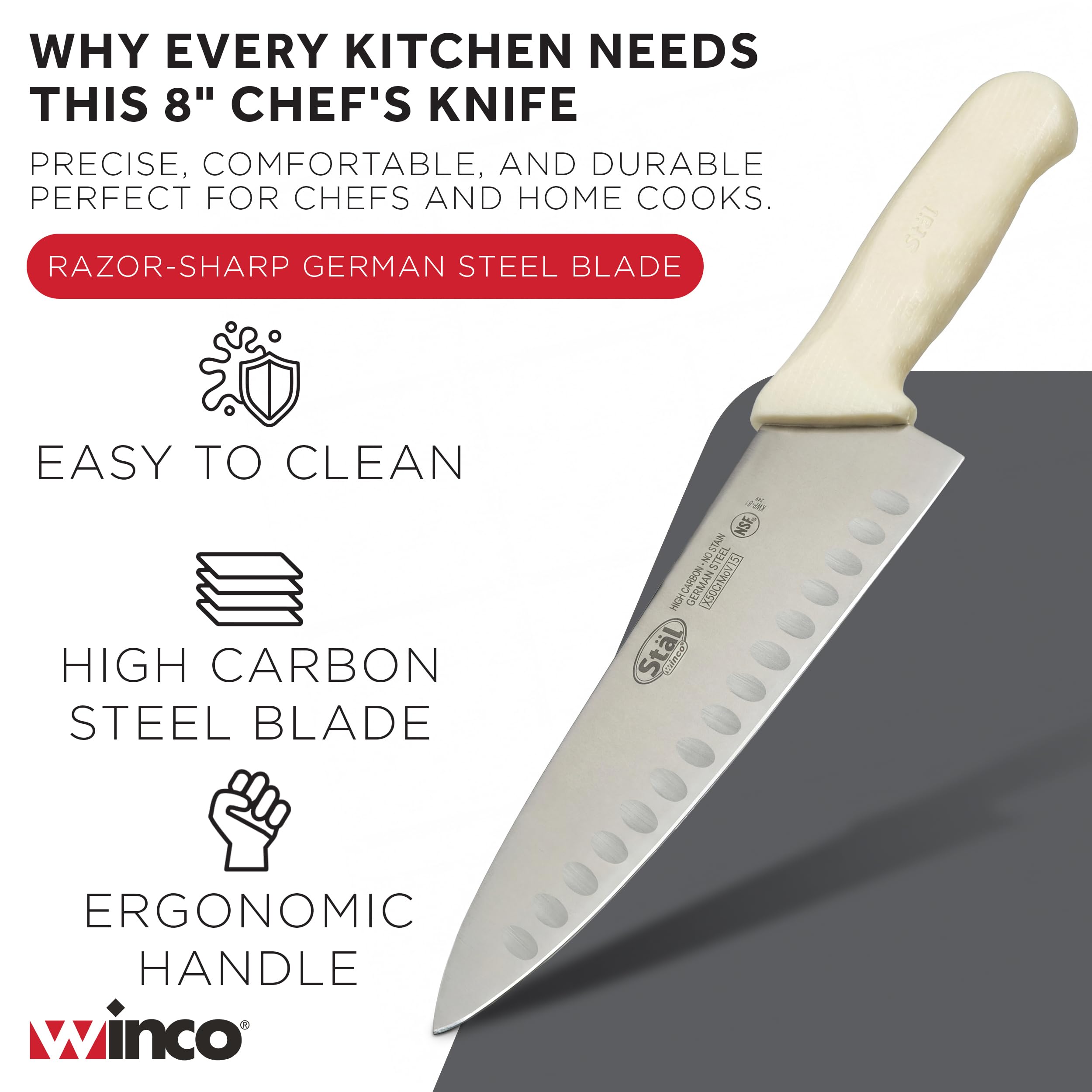 Winco 8" White Hollow Ground Chef's Knife — Amazon image 3