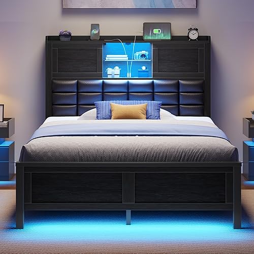 Miniatura 9 de Rolanstar Marco de cama tamaño individual con estación de carga, cabecera con estantería con luz LED y puertas correderas, cama de plataforma con