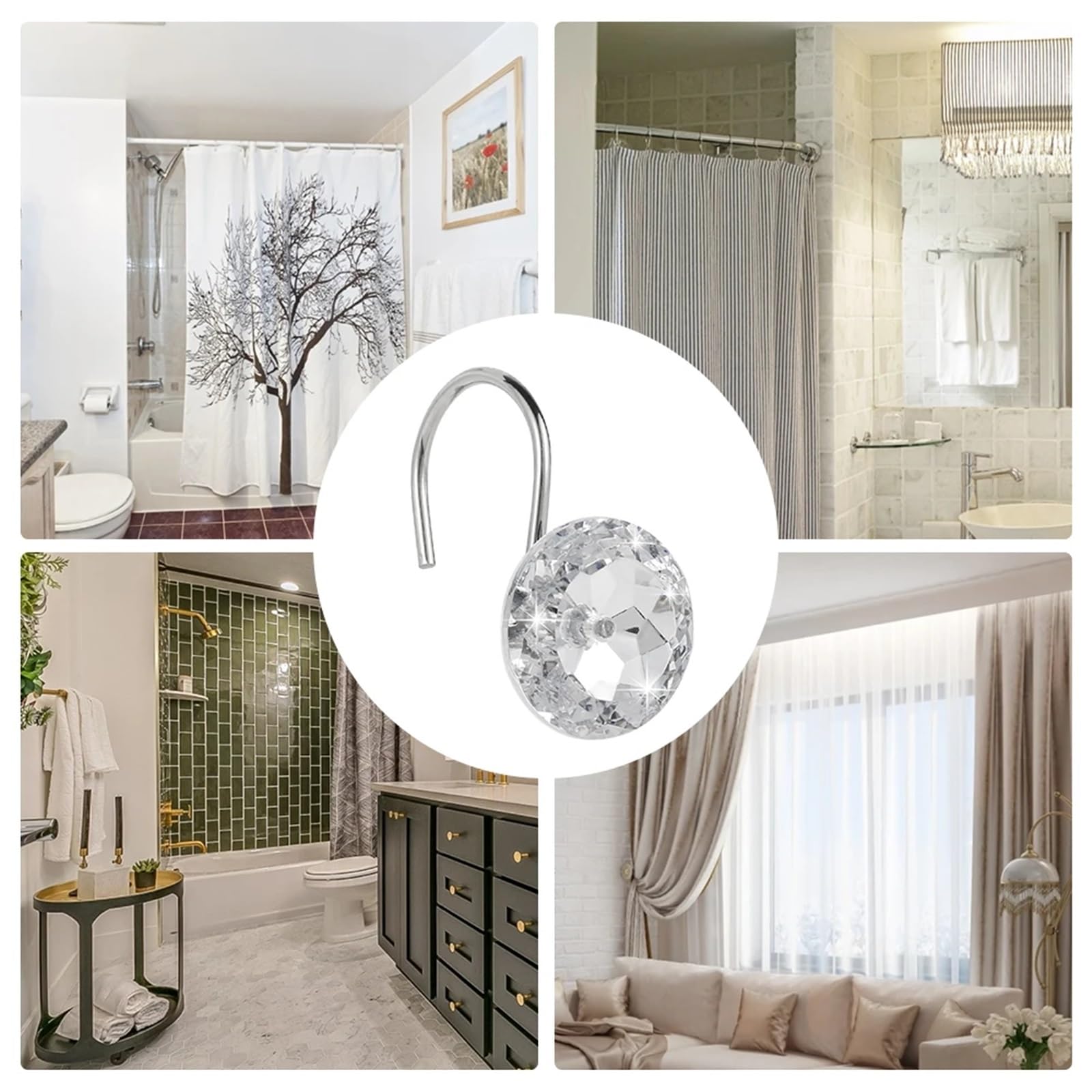 Ganci for tende da doccia 12 pezzi Anelli in cristallo acrilico Decorativi con diamanti rotondi antiruggine(24pcs)
