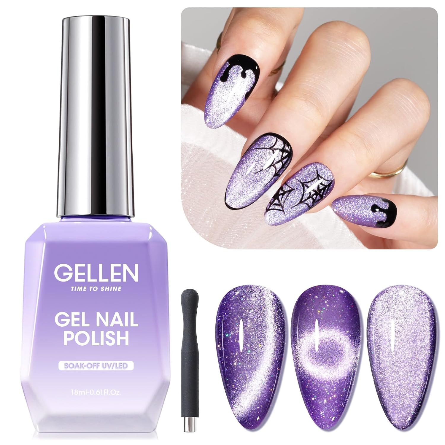 Gellen Purple Cat Eye Gel Nail Polish, 18ml Summer Gel Polish with Magnet Stick, Glitter Reflective Magnetic Cat Eye Nail Polish UV Gel Nail Art Salon 004-Elegant Purple