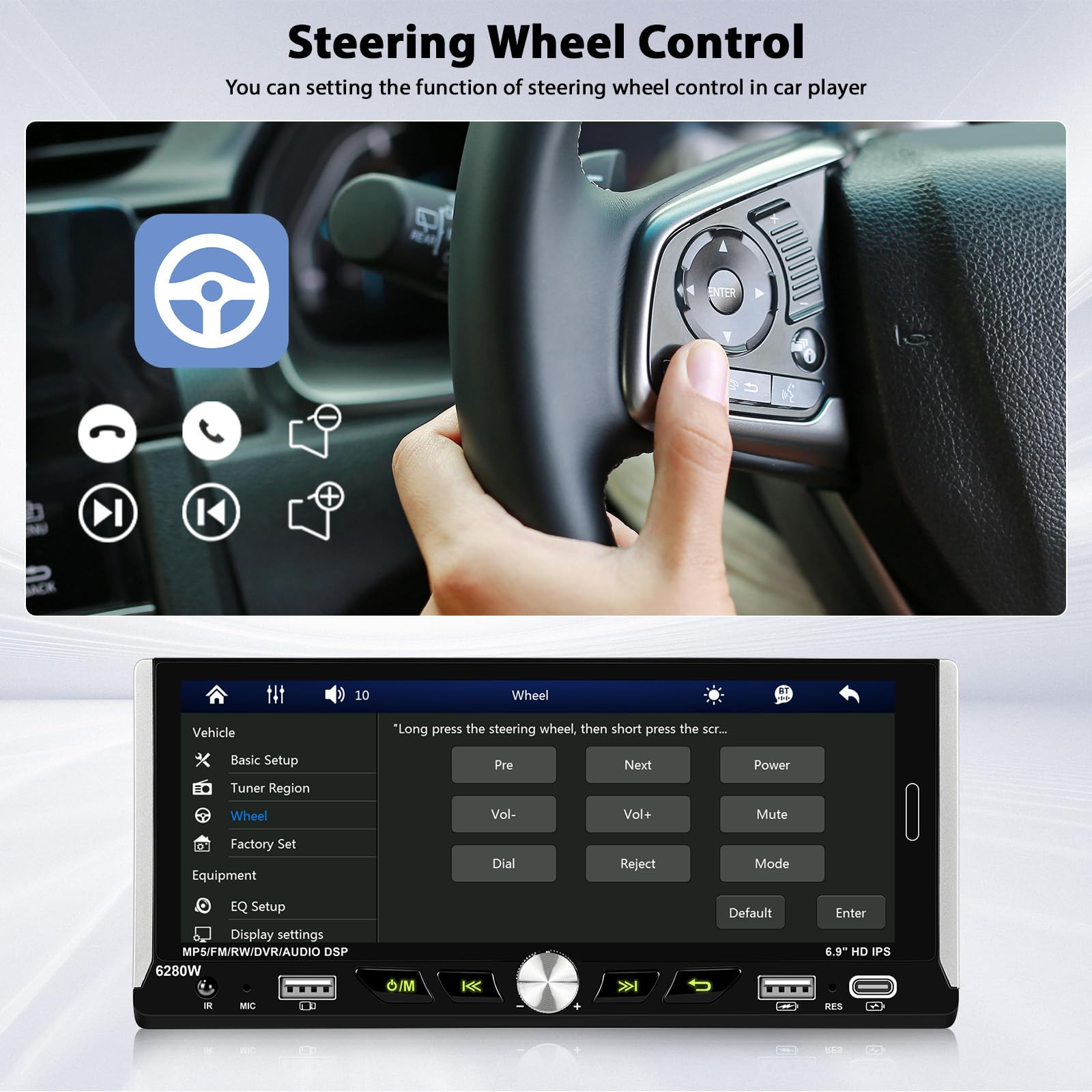 Inefala Autoradio CarPlay 1 DIN avec Wireless Carplay et Android Auto sans Fil, Radio avec écran 6,9 Pouces avec Bluetooth, Mirror Link, Compatible FM/RDS, EQ, USB, Type C, Recharge USB