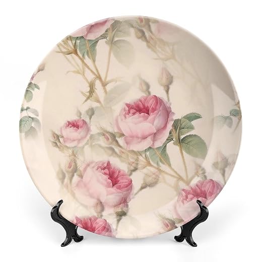 8" Decorative Plate Vintage Retro Rose Flower Round Ceramic Plate with Display Stand Modern Porcelain Table Plate Wall Hanging Decoration for Home Office Collectible Art Souvenir