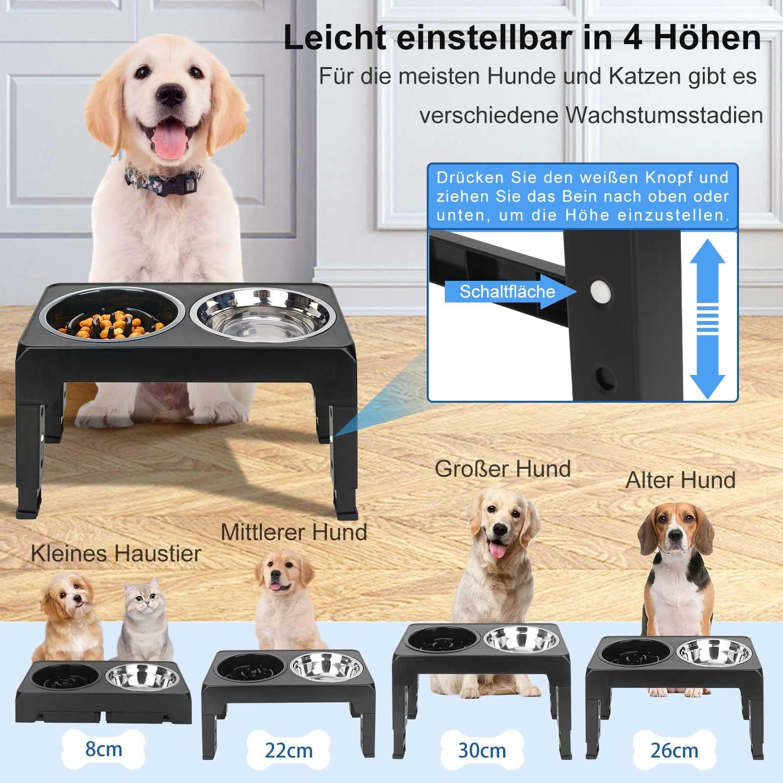 Ciotola per cani rialzata, ciotola per cani con slow feeder, supporto per cani grandi/medi/piccoli, con ciotola anti-imbracatura, per cani, 4 marce, regolabile in altezza