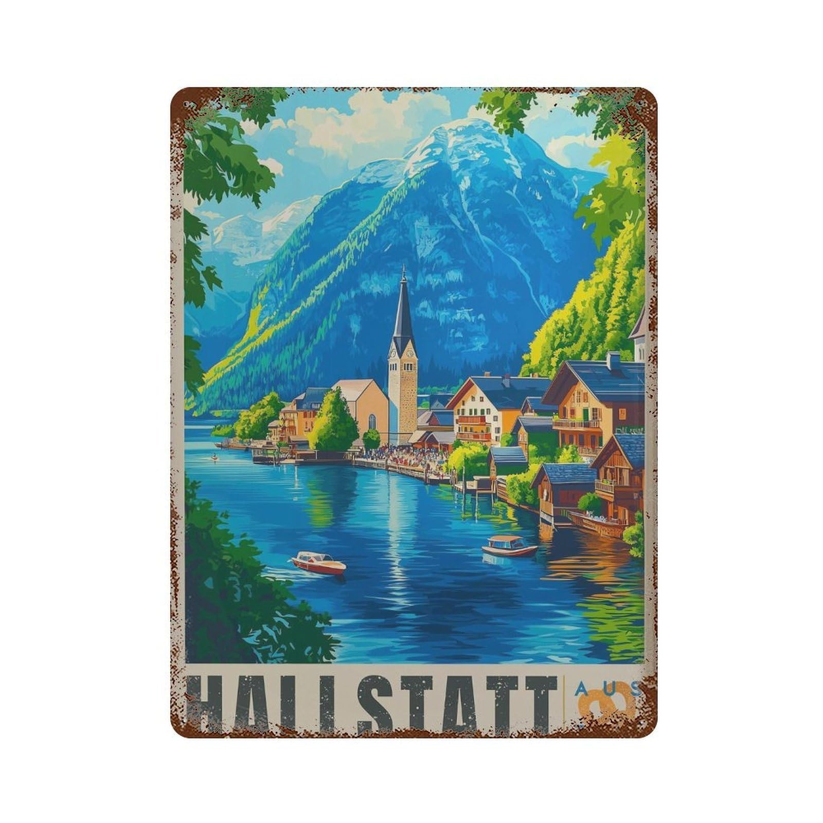 xiaoxiaoshen Hallstatt Austria Travel Mountain Lake Wall Decor Art Metal Tin Poster Modern Home Decor Art Home Bar Shop Decorations Vintage Sign 40x30cm