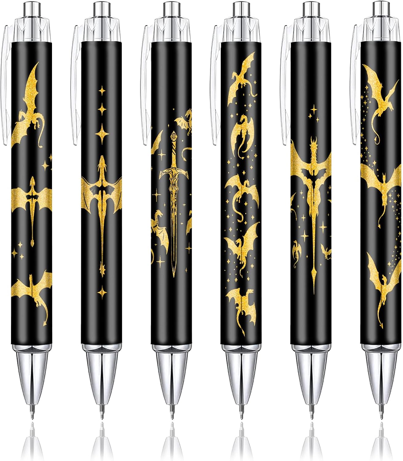 6PCS Dragon Wings Pens Set | Golden Book Dragon Print Pen Fantasy Supplies Accessories Items Stationary for School Home Office Desk Planner Pencils Decor Things Themed Lover Gifts Gift for Her