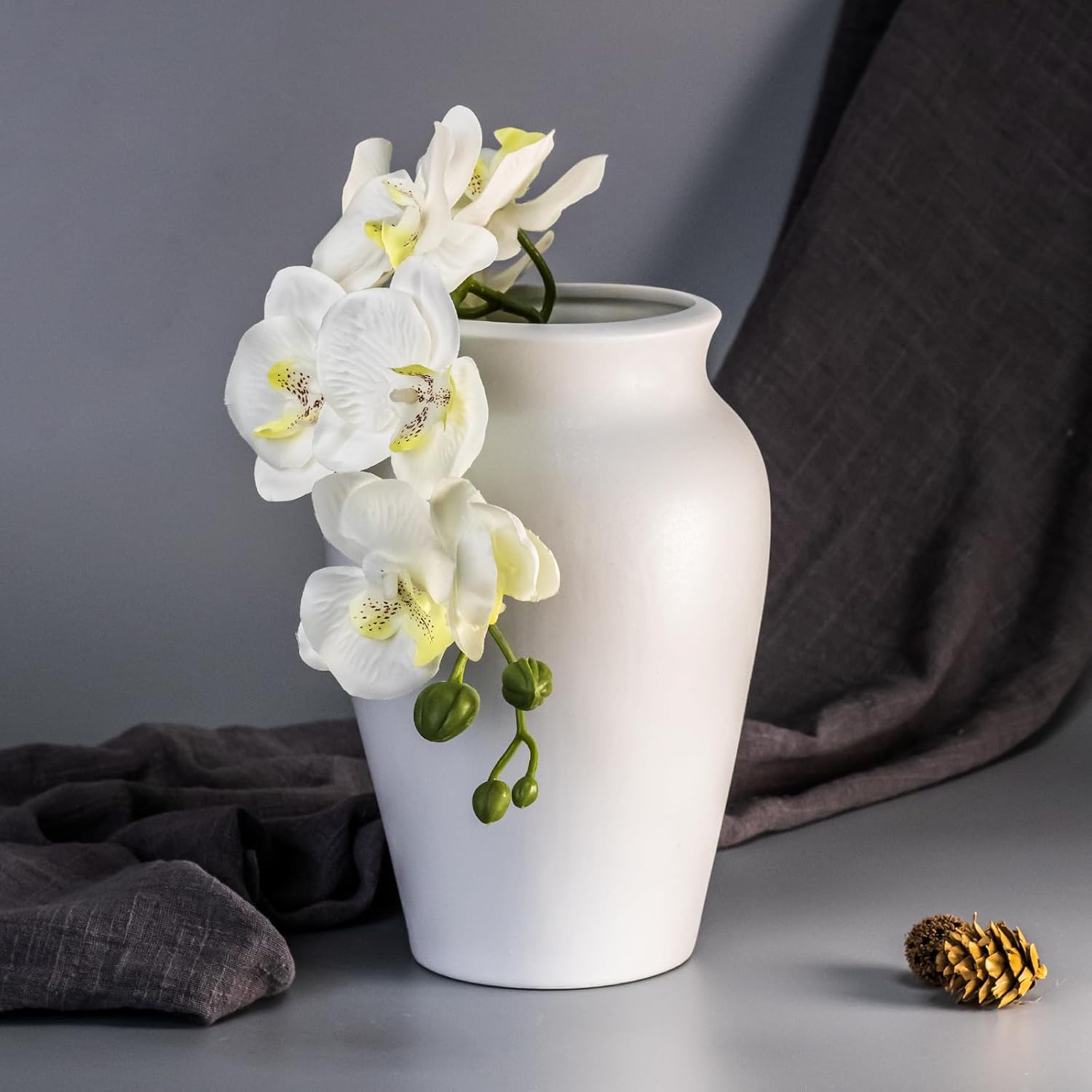 Ceramic Vase for Home Decor, 9 Inch Wide Mouth Pottery Vase, Vintage Farmhouse Boho Neutral Terracotta Rustic Decor for Living Room, Entryway, Floor, Mantel Decoration(White)