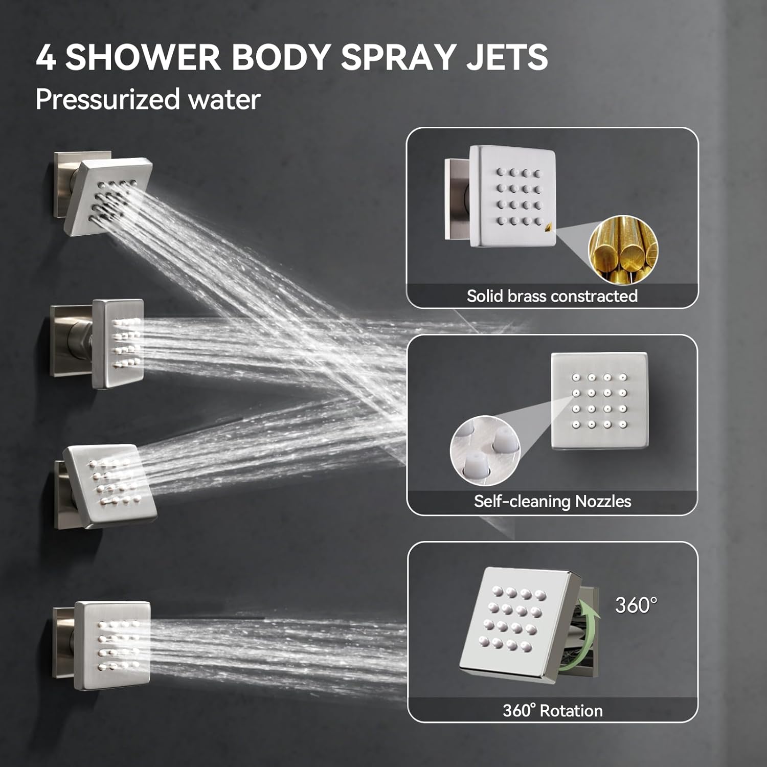 Brushed Nickel Shower System with Jets,Bostingner 4 Way Shower Faucet Set with 2 in1 Handheld,Ceiling Mount 12"+6" Rain Shower Head Wall Mounted, 4 Body Spray Jets Dual Head Shower Set