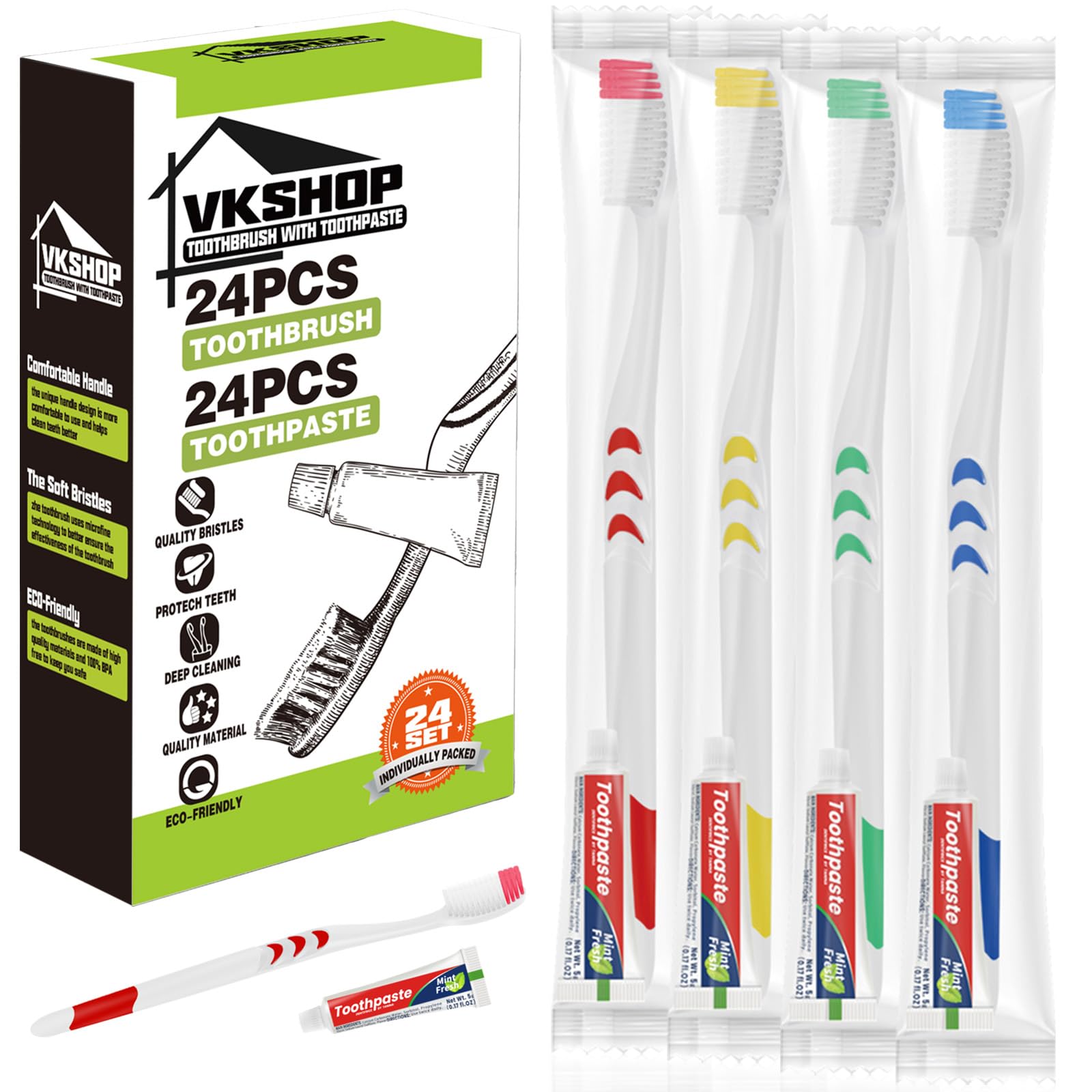 VKshop 24 Pack Disposable Toothbrush with Toothpaste, Individually Wrapped Travel Toothbrush Kits, Soft Bristles for Travel, Hotels, Camping, Donations, Dental Care (White)