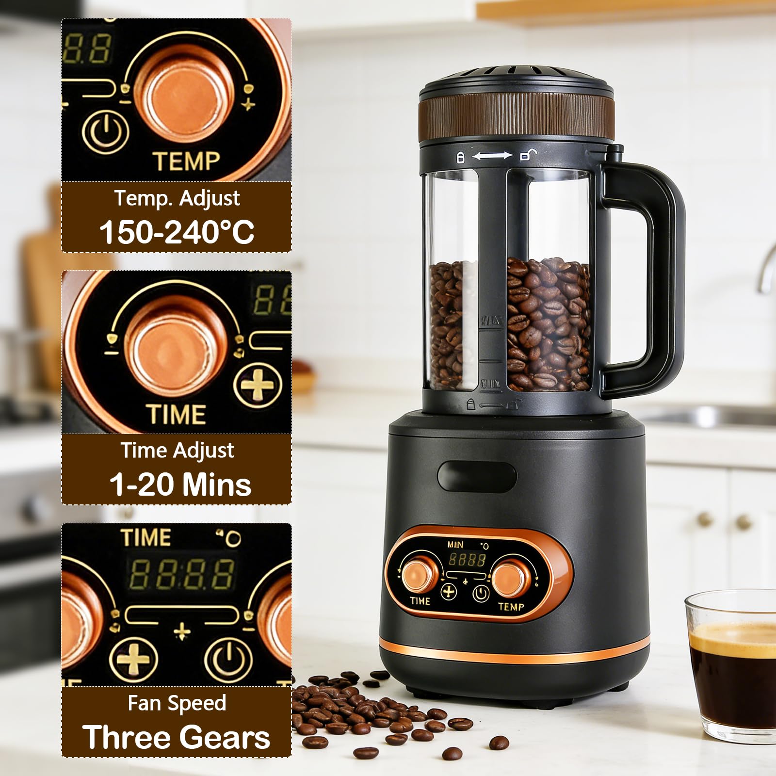 Torréfacteur à café à air chaud 200 g, machine automatique 2200 W pour grains de café, bol à grains séparé, température et minuterie réglables en continu, idéal pour la maison et le café