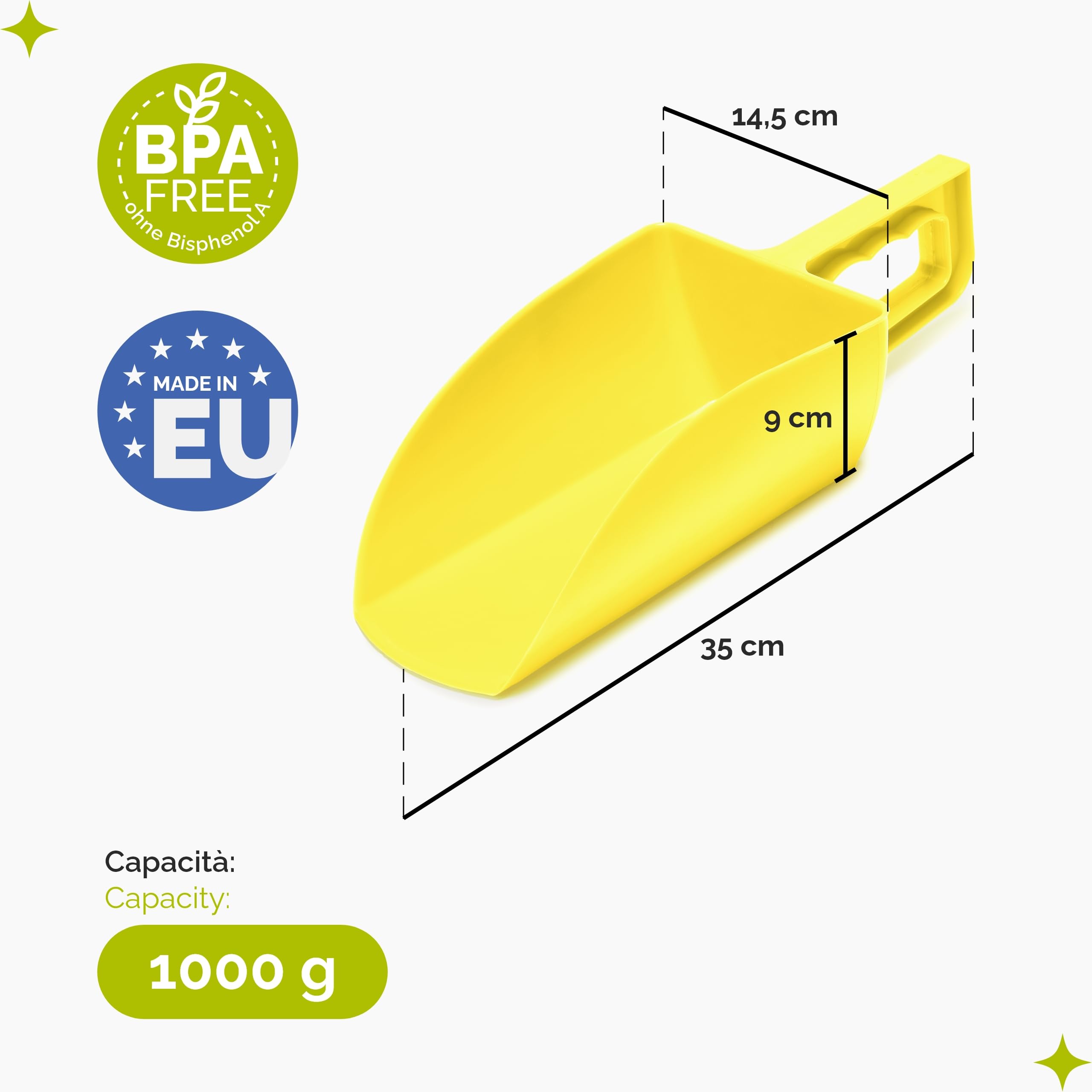 Garronda Sessola in plastica robusta 1 kg per mangimi animali, cereali, semi – Misurino largo da alimentazione animali, paletta dosatrice ideale nei sacchi GD-0153 (Giallo)