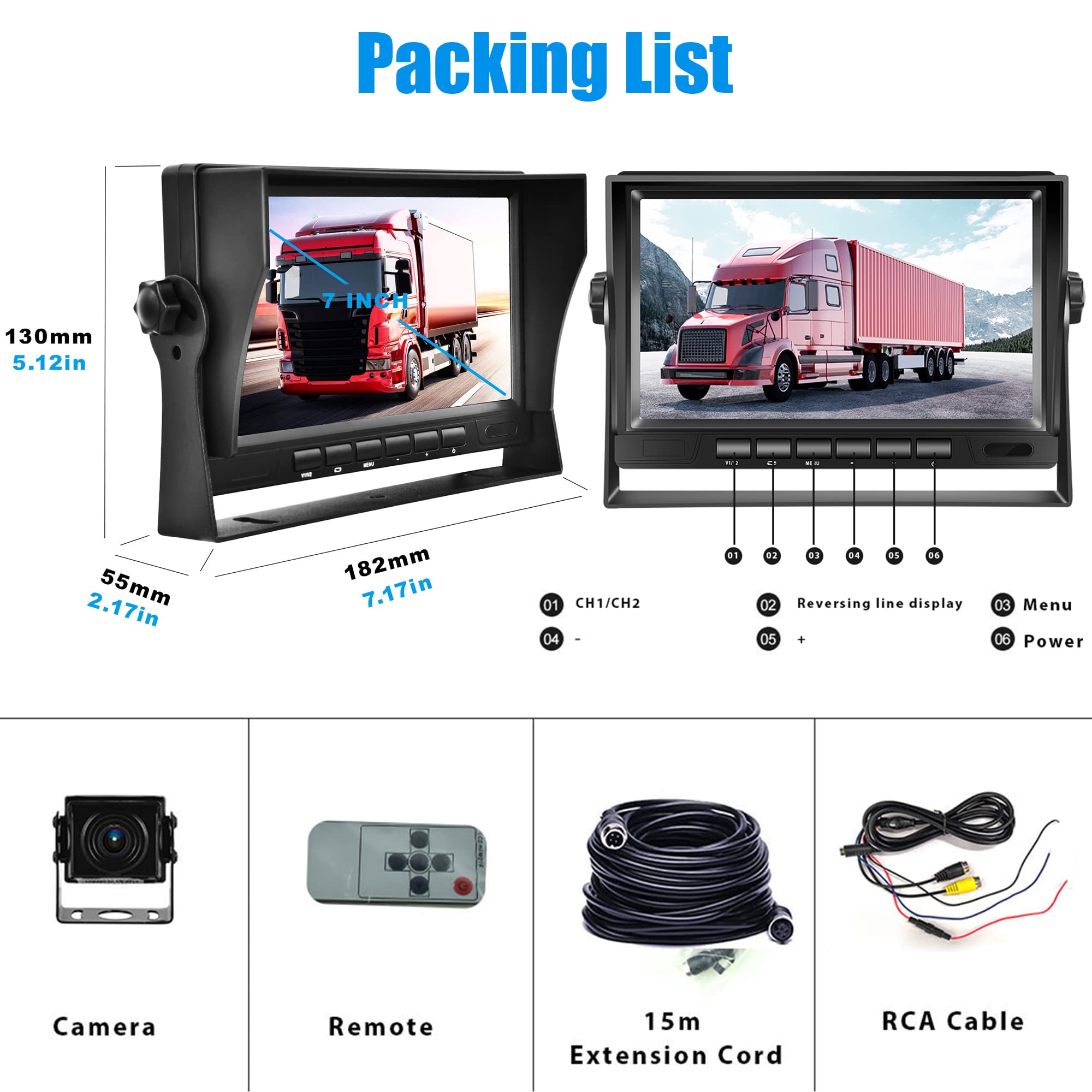 Rimoody Retrocamera Auto AHD 1080P 7 Pollice LCD Schermo Monitor Telecamera Retromarcia IP69 Impermeabile Telecamera Posteriore Visione notturna con 15m cavo per Camion/Camper/Furgone/Rimorchio