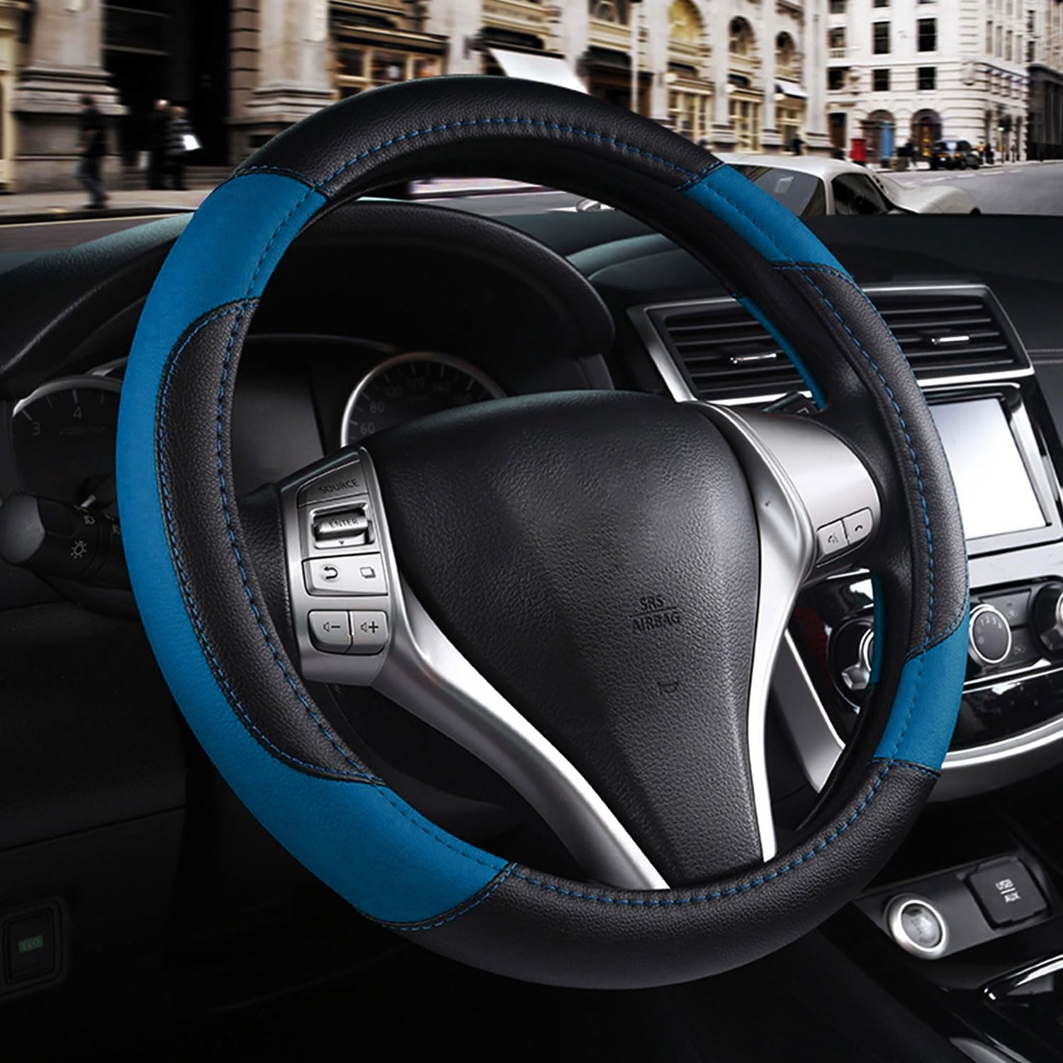 Coprivolante per auto, in pelle, antiscivolo, traspirante, in microfibra, universale, adatto alla maggior parte delle auto (blu 2)