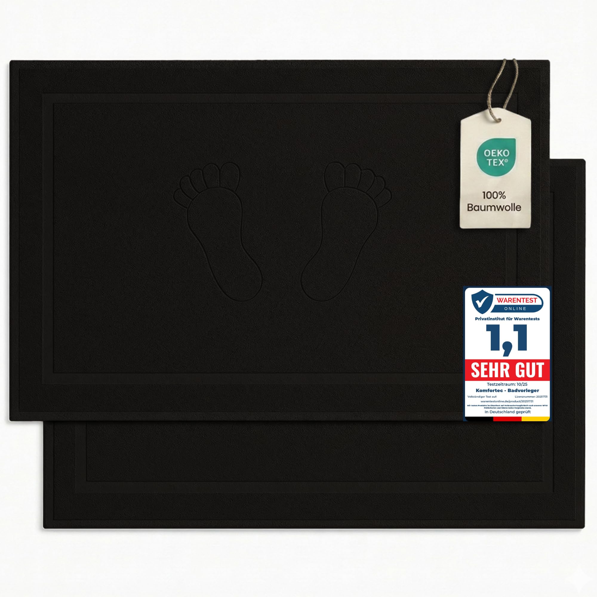 Komfortec Bath Mat Set, 2 Pieces, Terry Cloth Shower Mat, Washable Shower Mat & Bath Mat, 800 g/m² & 100% Cotton, Absorbent & Quick Drying, 50 x 80 cm, Black