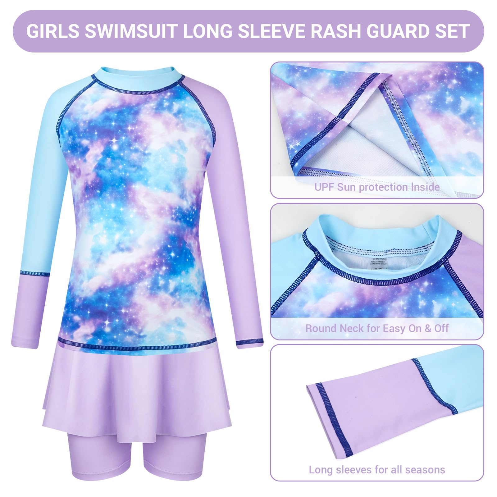 Traje de baño de 3 piezas de manga larga para niñas, protección UV, camiseta con pantalones cortos y gorro de natación, conjunto de 4-9 años