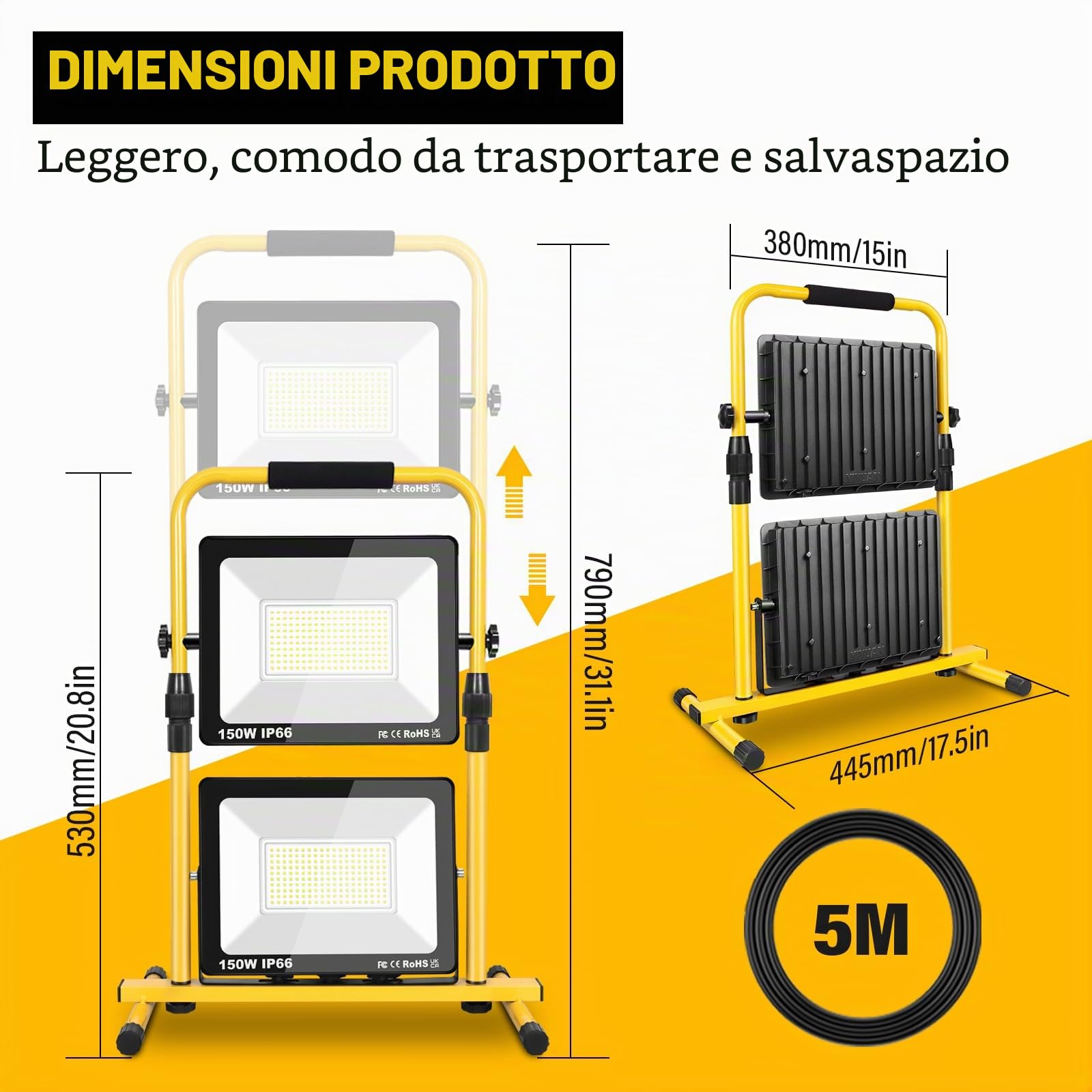 SKYWORLD 300W Faretto Led da Cantiere, 30000LM Faro da Cantiere Portatile | Proiettori Faretti Led con 5M Cavo e Spina, Impermeabile Lampada per Lavori Officina Garage Giardino Cantieri, 6000K Bianco