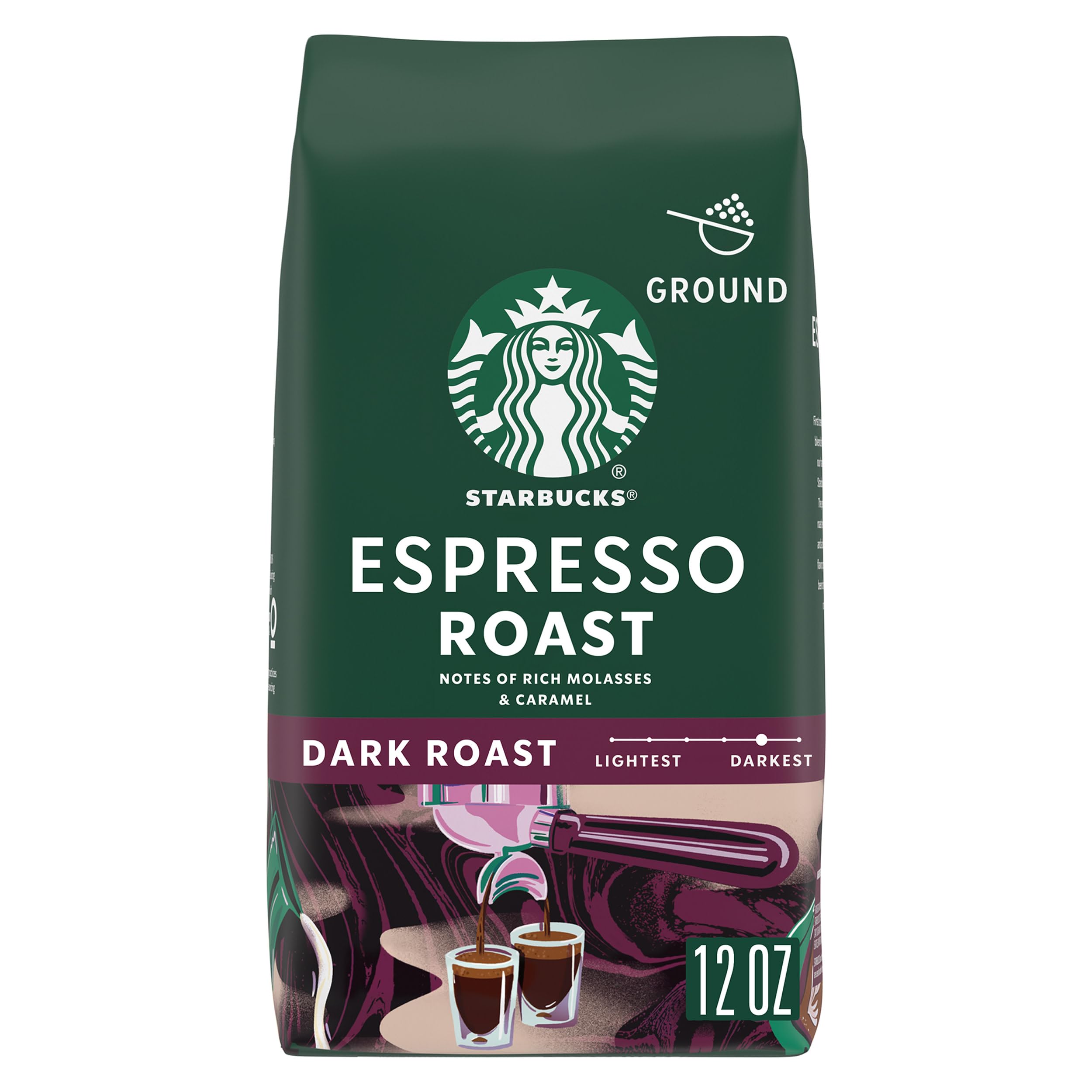 Starbucks Ground Coffee, Dark Roast Hot or Iced Coffee, Espresso Roast, 12 oz | 100% Arabica ground coffee; Dark Roast Espresso Roast; 1 bag, 12 oz Espresso 12 Ounce (Pack of 1)