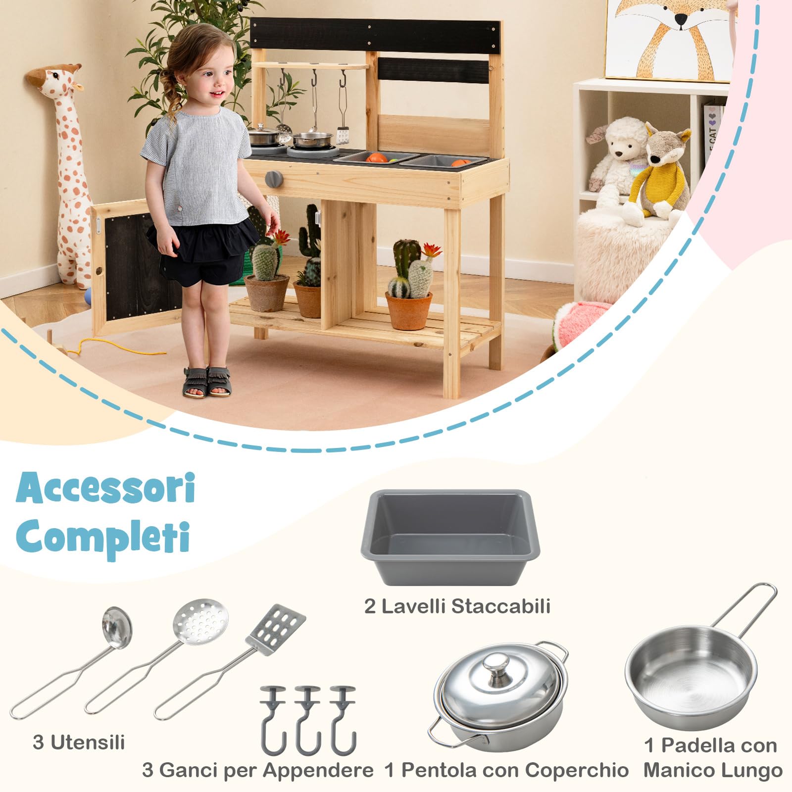 COSTWAY Cucina Giocattolo Bambini, Cucina da Esterno in Legno con 2 Lavandini Removibili, Piano Cottura e Utensili e Spazio di Archiviazione, 67 x 30 x 82 cm