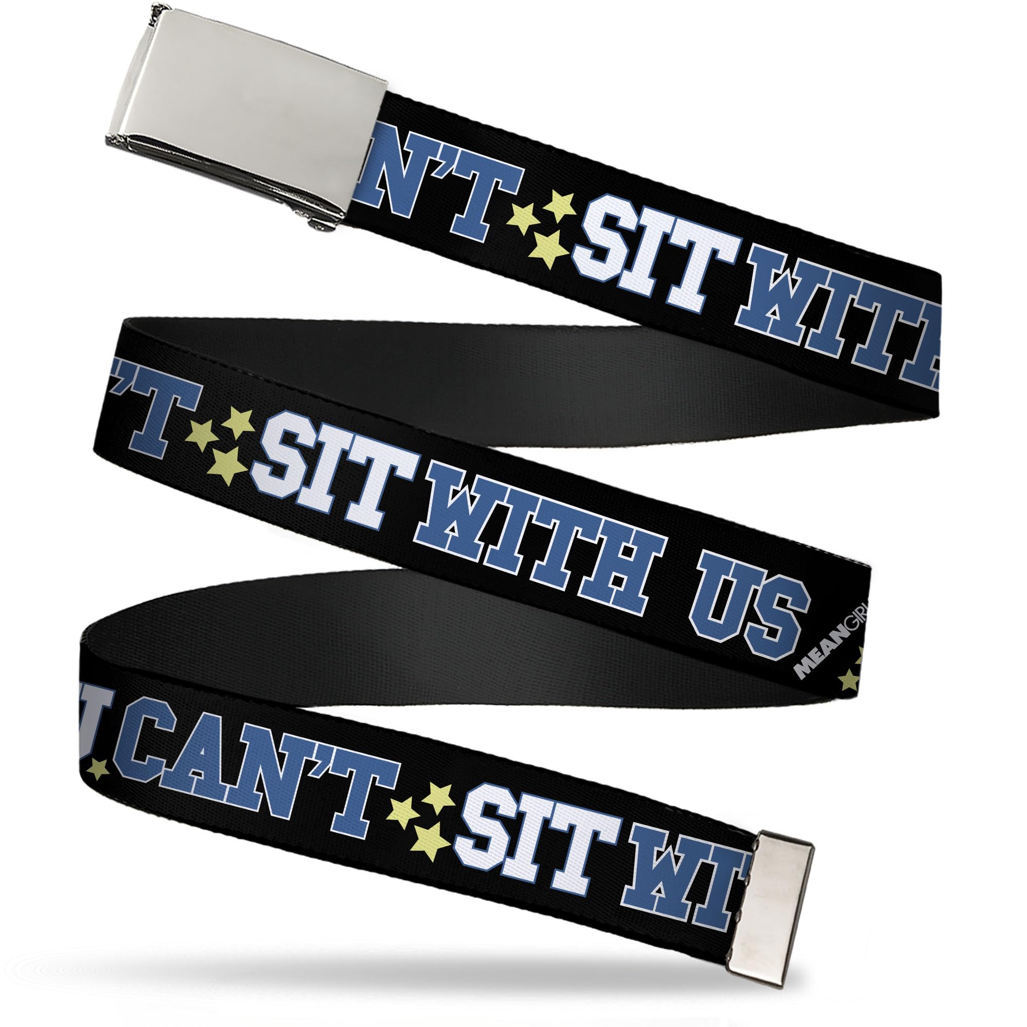 Buckle-Down Paramount Pictures Network Belt, Flip Web Belt Mean Girls You Cant Sit With Us Varsity Blues White Yellow, 1.5 Inch Wide, Fits up to Size 42