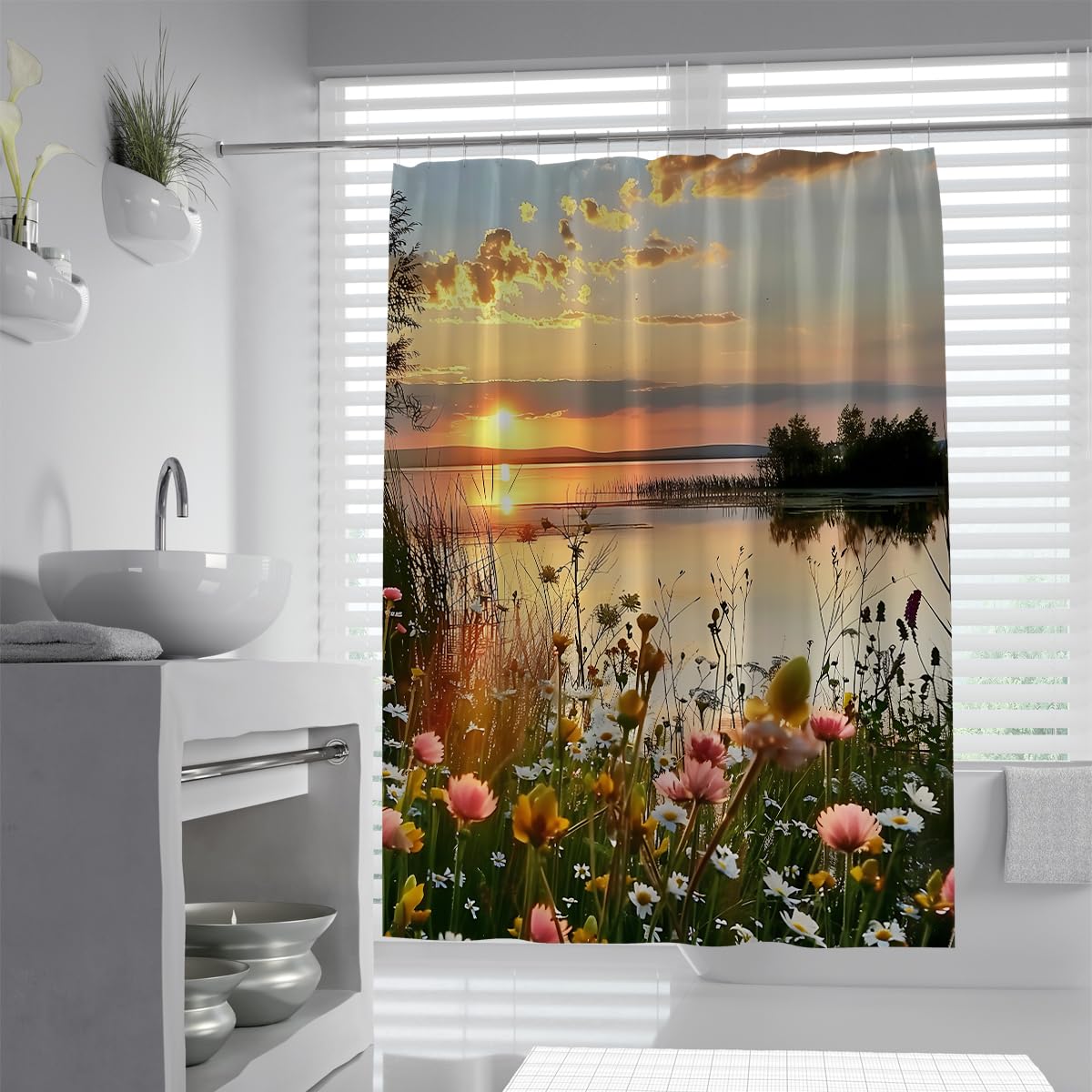 UERWOWELL Romantic Lakeside Landscape Shower Curtains Colorful Blossom Meadow Wilderness Nature Scene Bathroom Shower Curtain Blooming Daisy W180xL180 cm