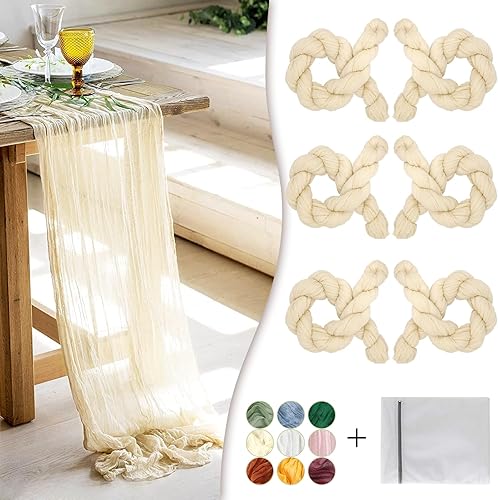 Camino de mesa de estopilla beige, paquete de 6 caminos de gasa boho de 35 pulgadas de largo de 120 pulgadas de largo, tela rústica transparente a