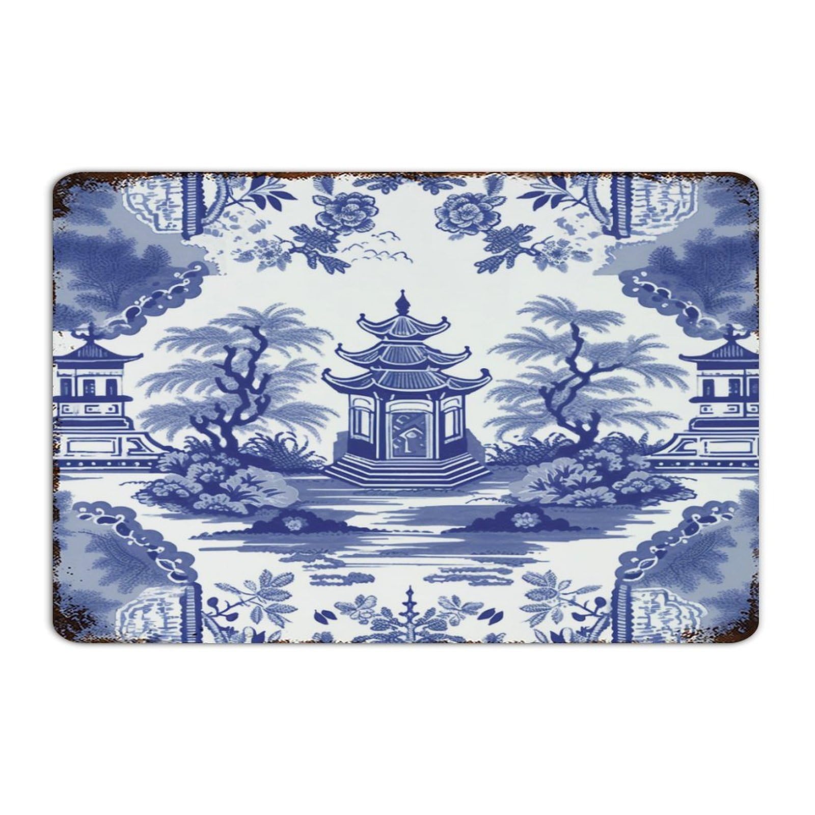 Autravelco Style-1 Chinoiserie Blue Asian Pagoda Metal Signs Outdoor 12X18 Inch Vintage Gate Patio Pubs Club Wall Decorations Metal Plaque Turquoise Pagoda Wall Art Plaques For Indoor