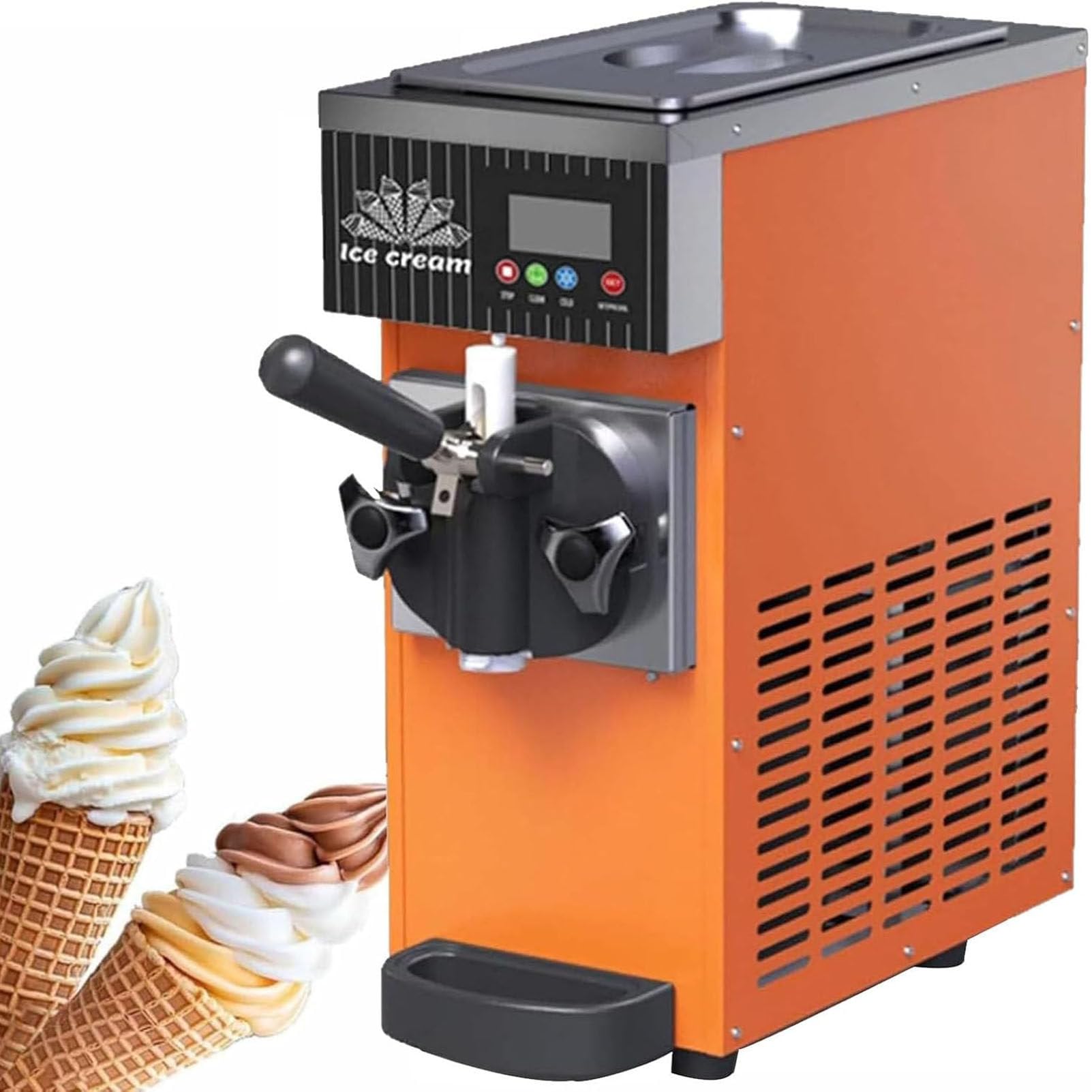 PioMue Countertop Italian Ice Cream Maker, Commercial Ice Cream Machine,Soft Ice Cream 4-5kg/H with LCD Screen, for Yogurt, Coffee, Snack Bar OrangeYellow