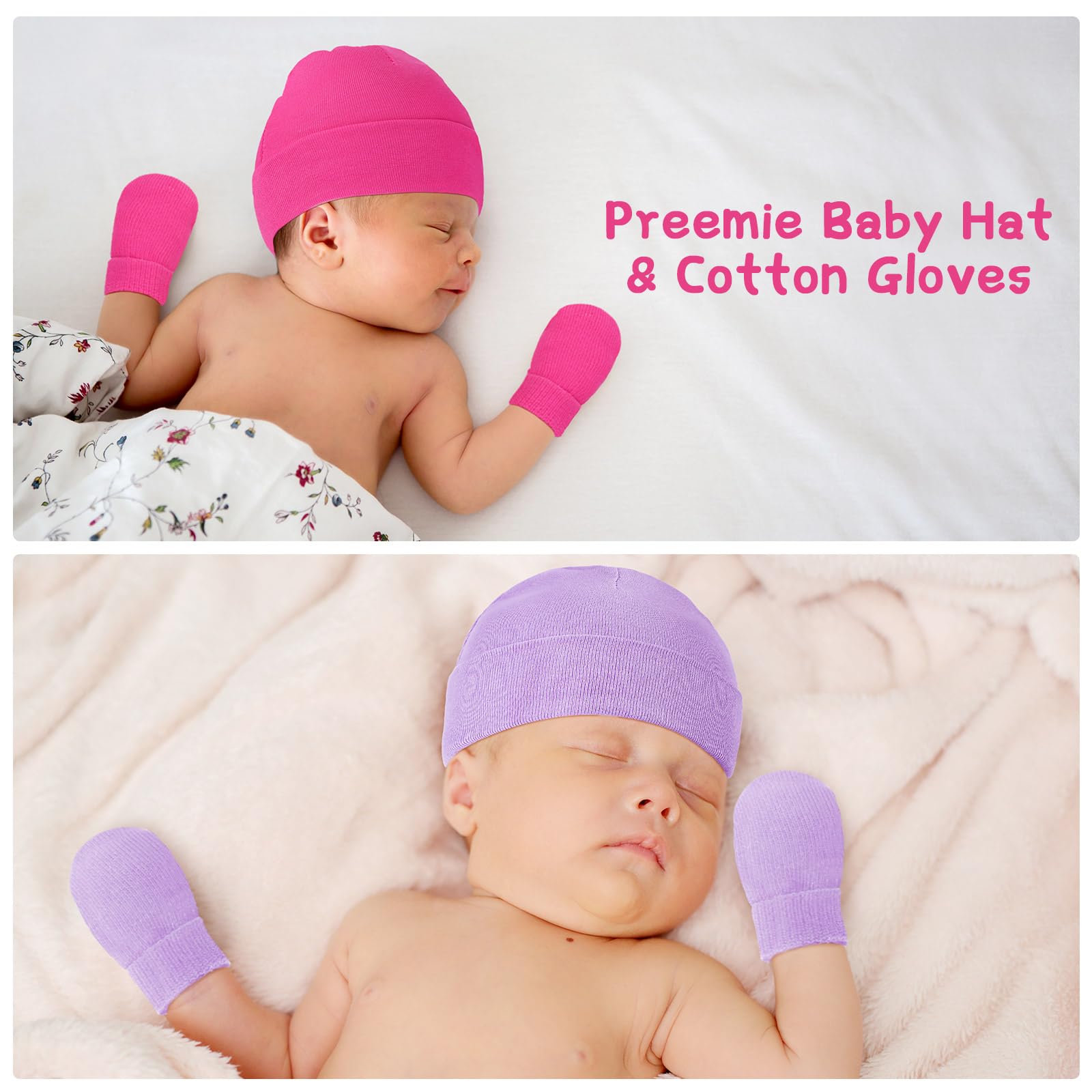 Hercicy 4 Stück Frühchen Baumwolle Mütze und Fäustlinge Anti Kratzer Fäustlinge Baby Fäustlinge Nicu Krankenhauskappe Frühchen Jungen Mädchen Weiß Hellrosa Hellviolett Rosa Rot Gr